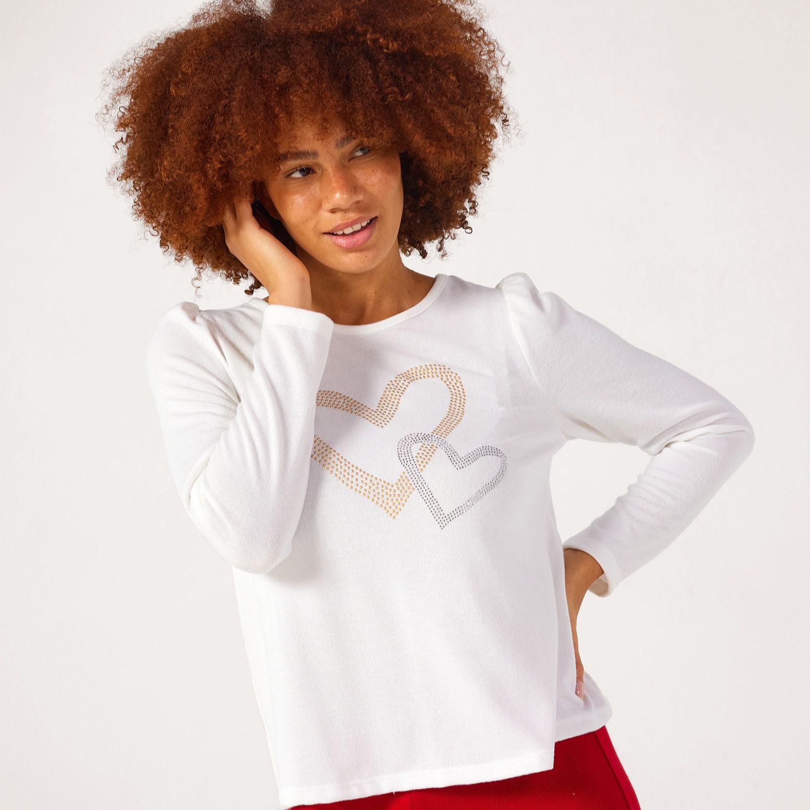 Kim & Co Soft Touch Long Sleeve Rhinestone Heart In Heart Print Top