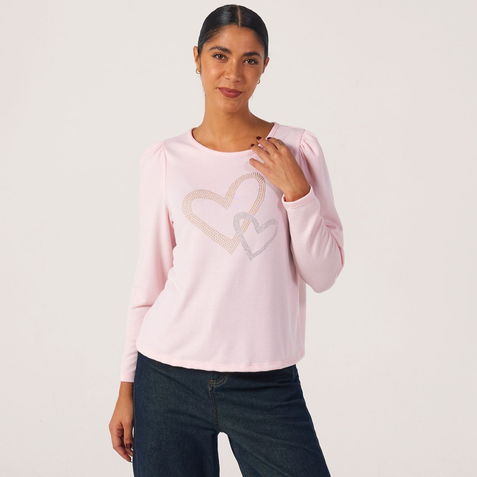 Kim & Co Soft Touch Long Sleeve Rhinestone Heart In Heart Print Top