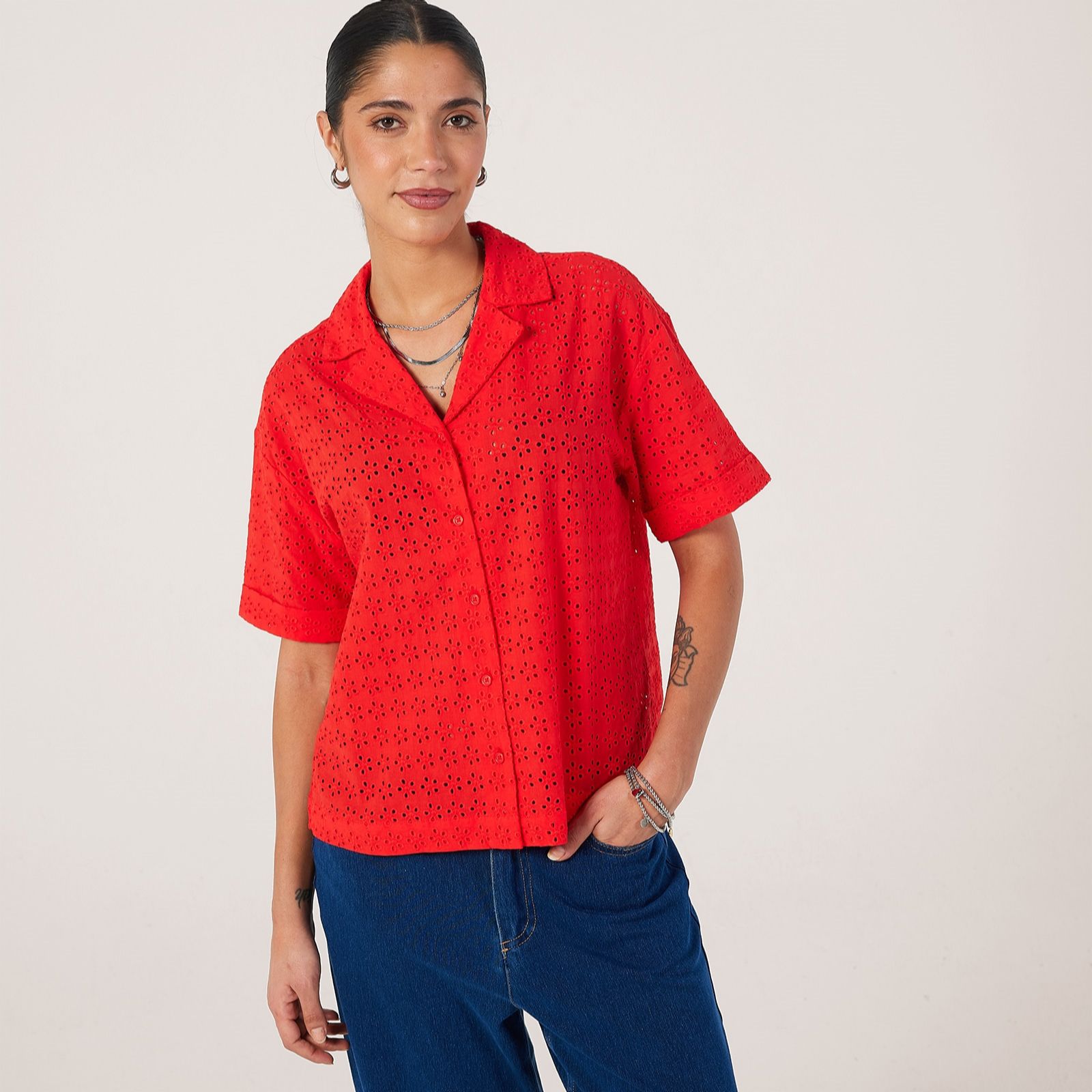 Denim & Co. Broderie Short Sleeve Blouse