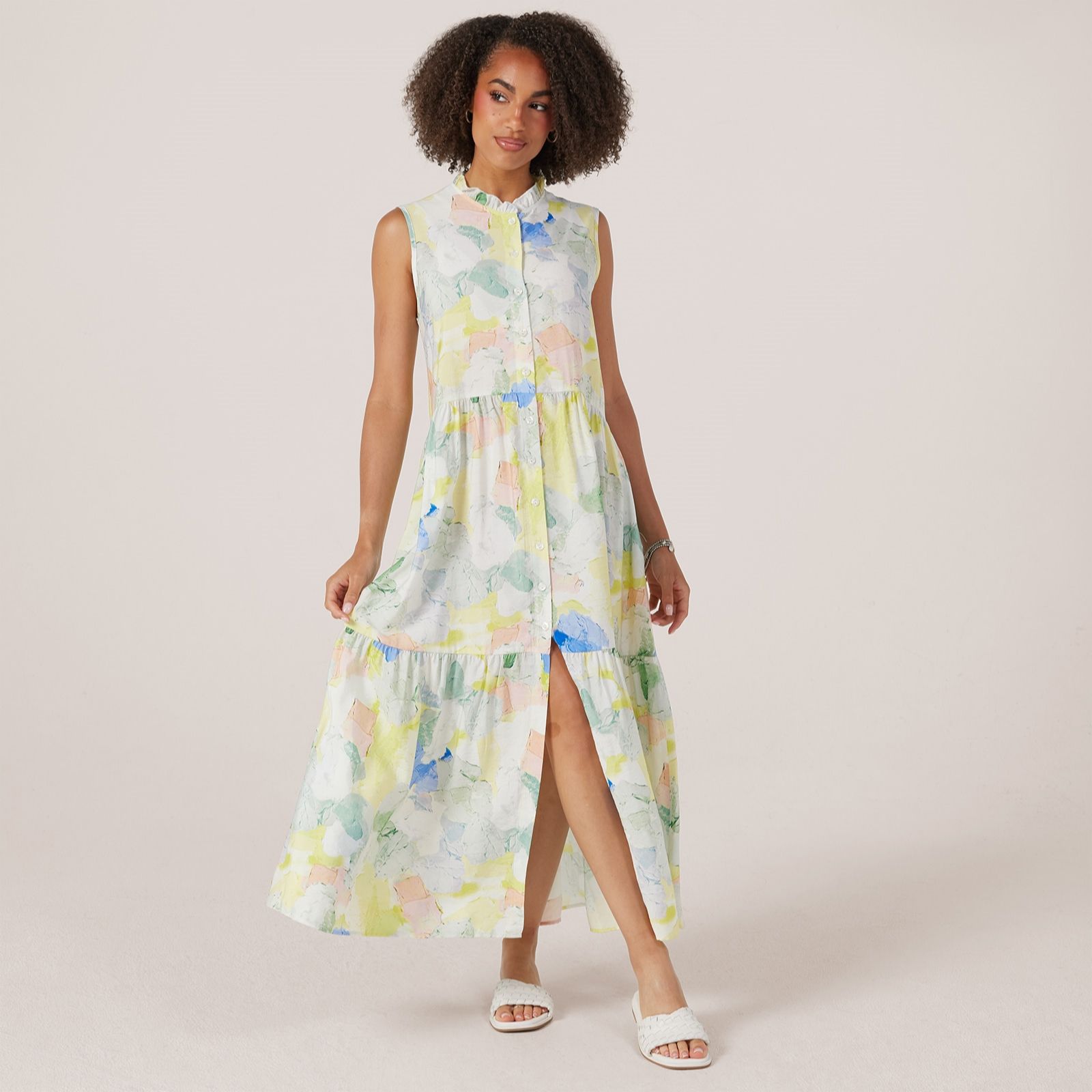 Kim & Co Printed Crinkle Woven Viscose Ruffle Neckline Maxi Dress
