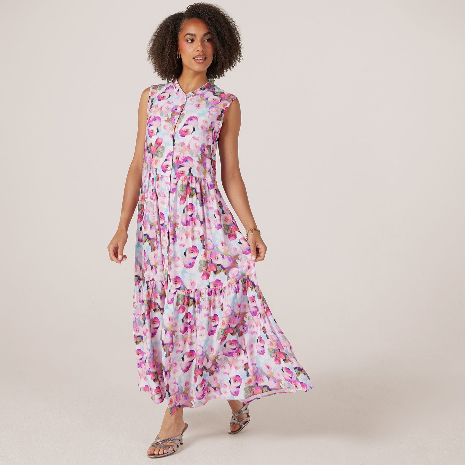Kim & Co Printed Crinkle Woven Viscose Ruffle Neckline Maxi Dress