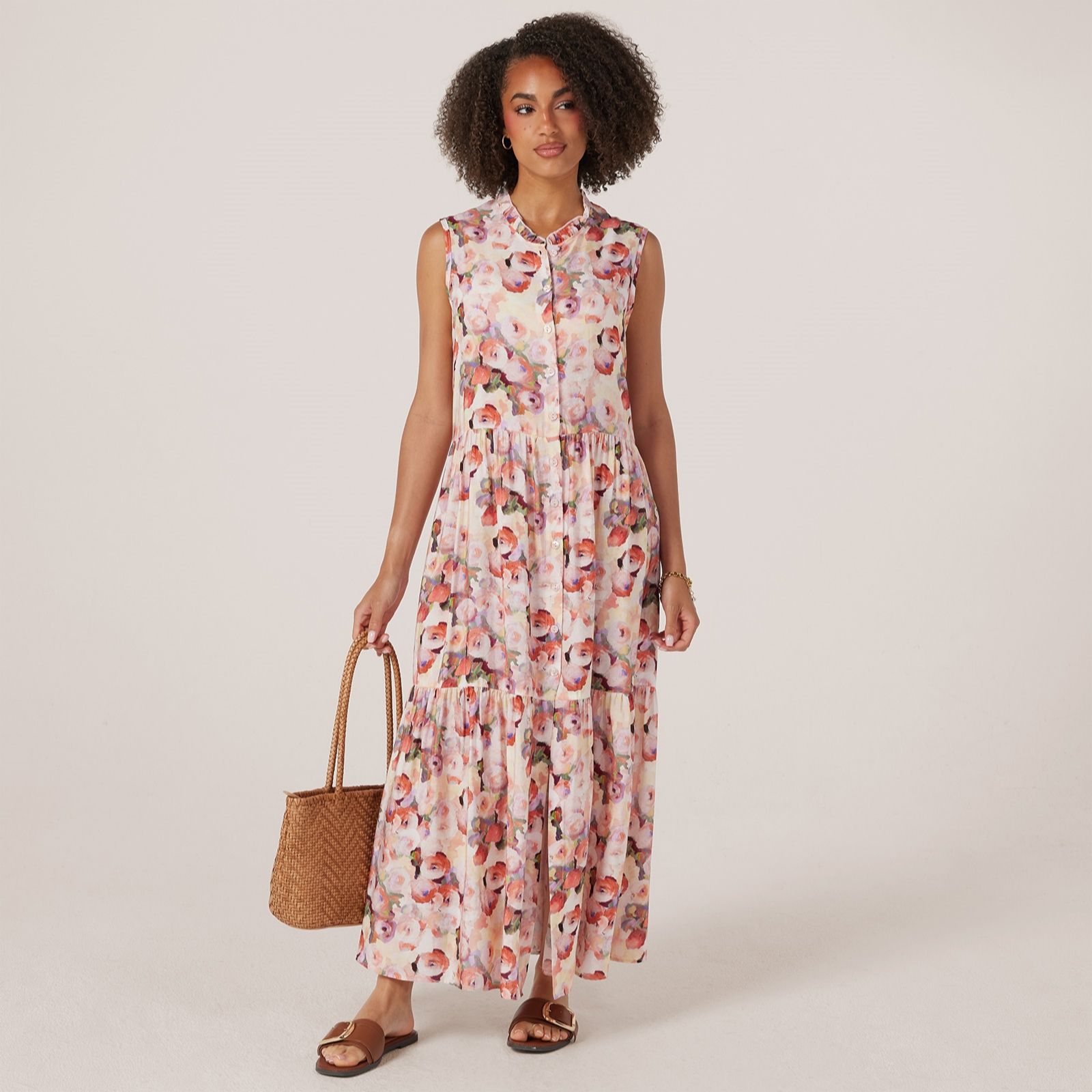 Kim & Co Printed Crinkle Woven Viscose Ruffle Neckline Maxi Dress