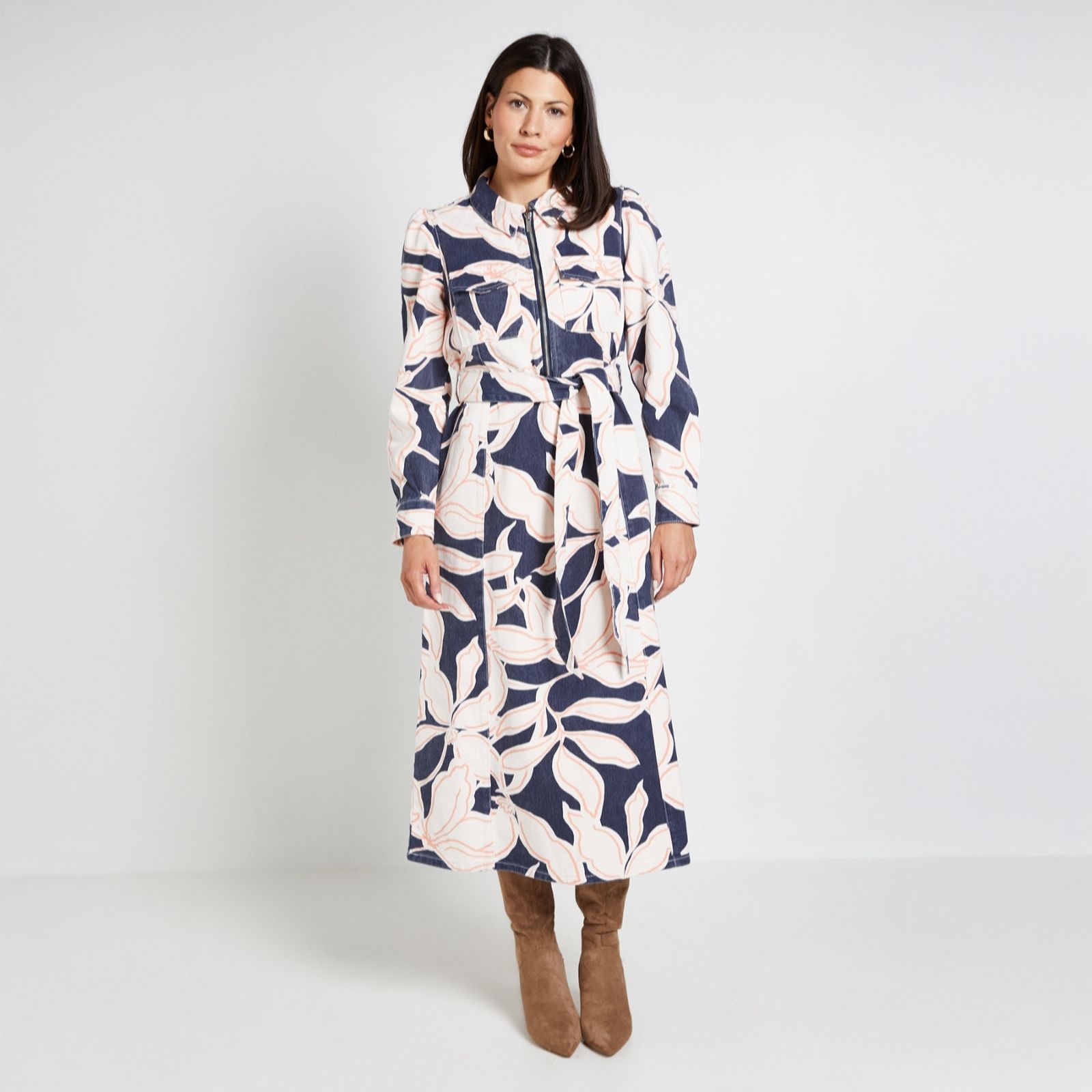  Wallis Denim Print Zip Front Midi Dress