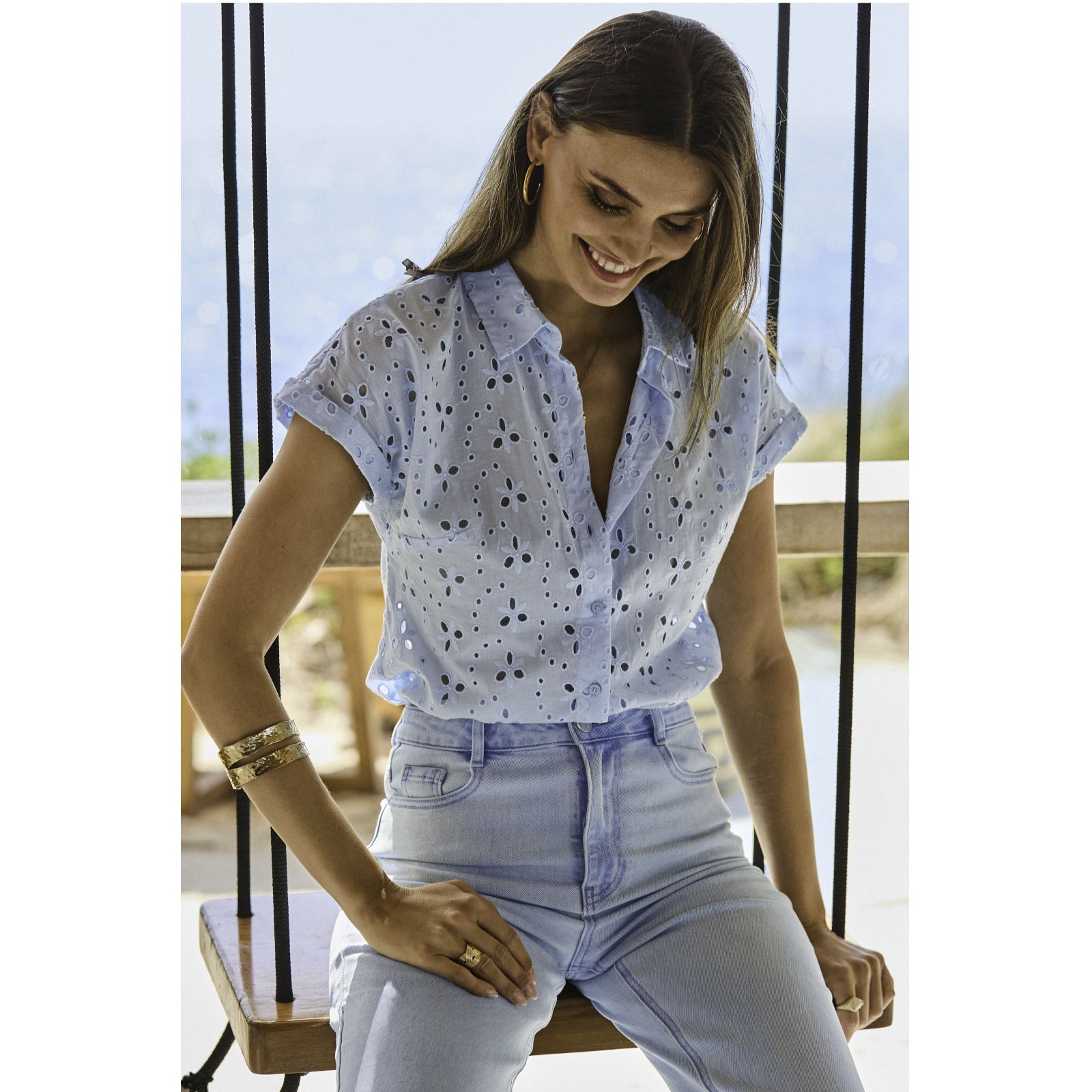 Sosandar Pastel Blue Broderie Shirt