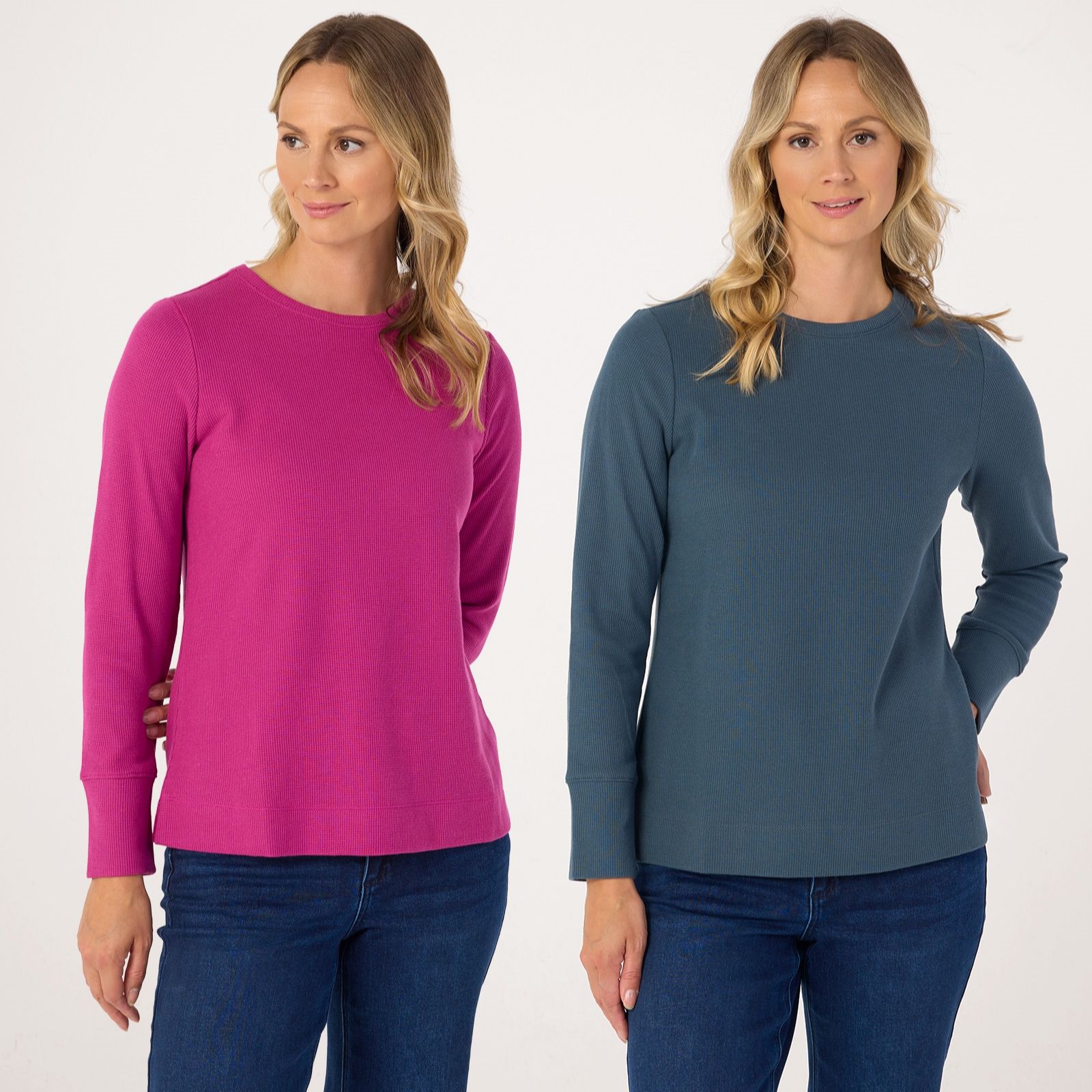 Denim & Co. Waffle Crew Neck Long Sleeve Tops 2 Pack