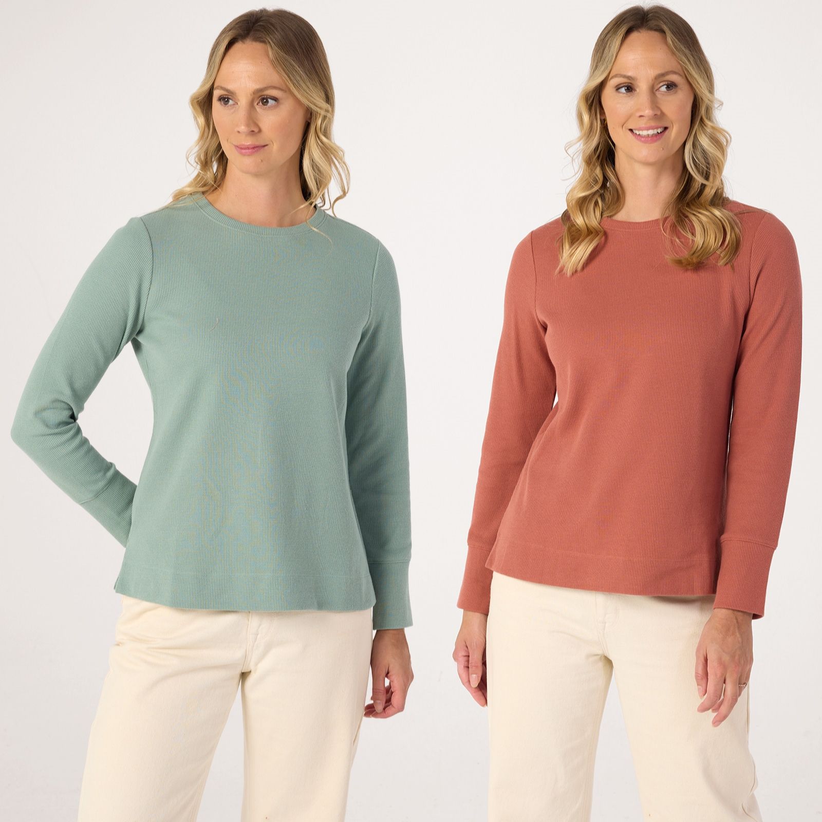 Denim & Co. Waffle Crew Neck Long Sleeve Tops 2 Pack