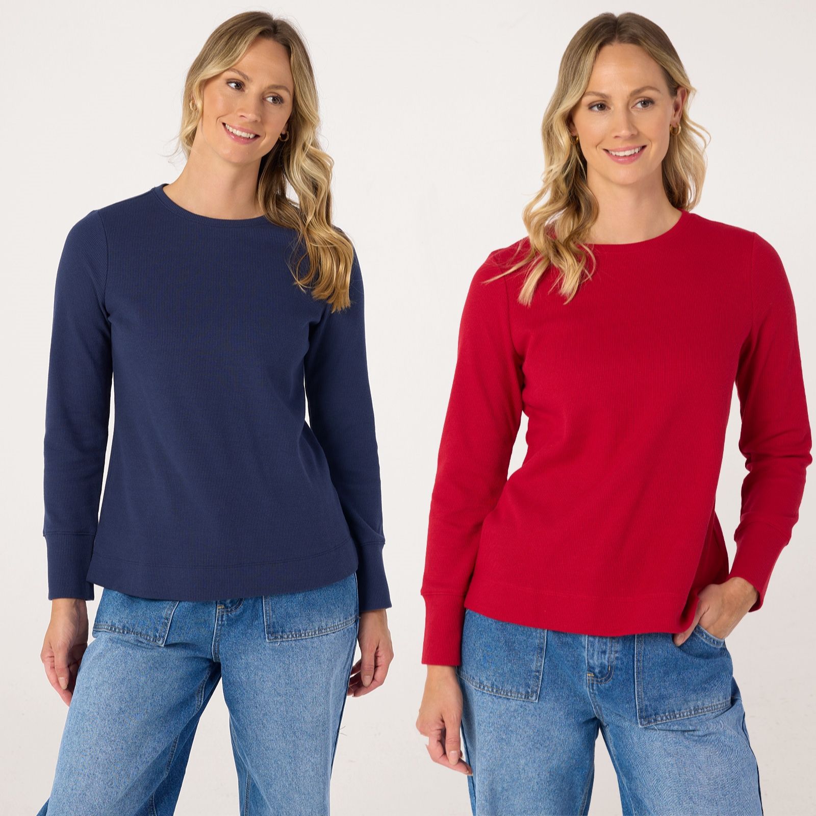 Denim & Co. Waffle Crew Neck Long Sleeve Tops 2 Pack