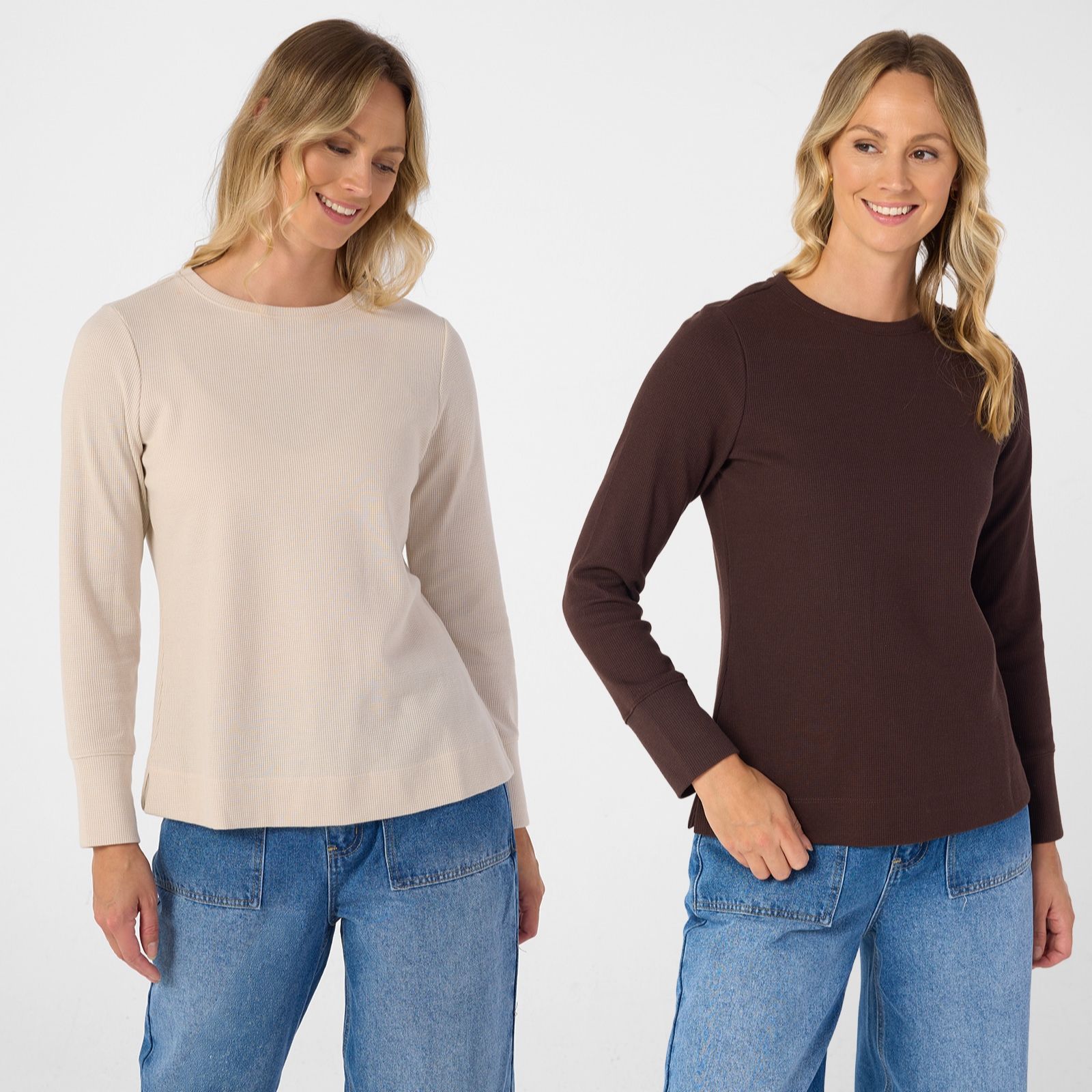 Denim & Co. Waffle Crew Neck Long Sleeve Tops 2 Pack