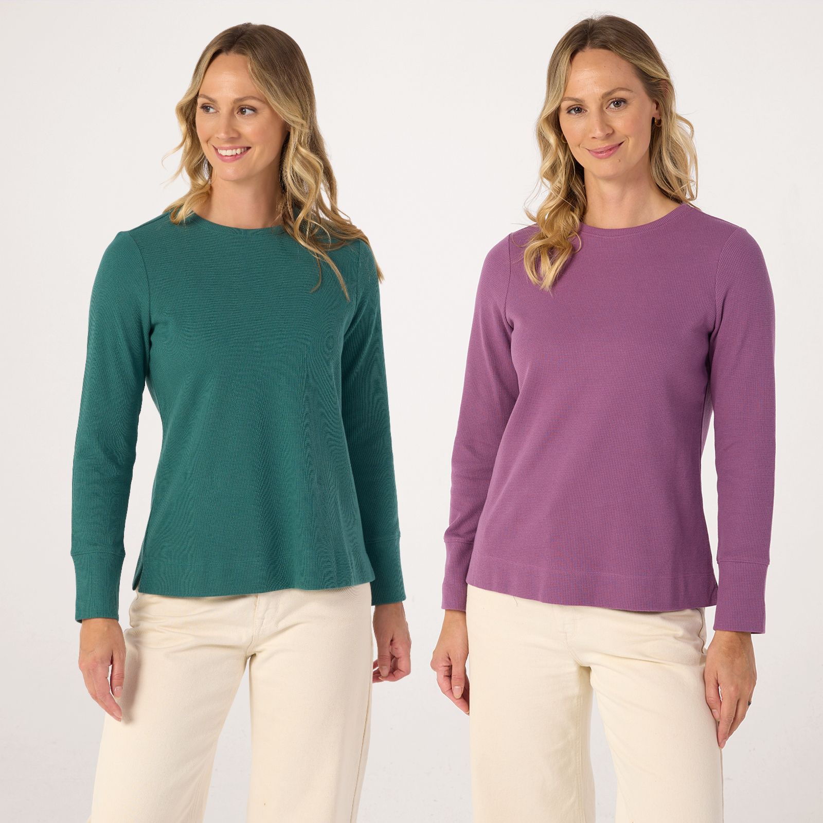 Denim & Co. Waffle Crew Neck Long Sleeve Tops 2 Pack