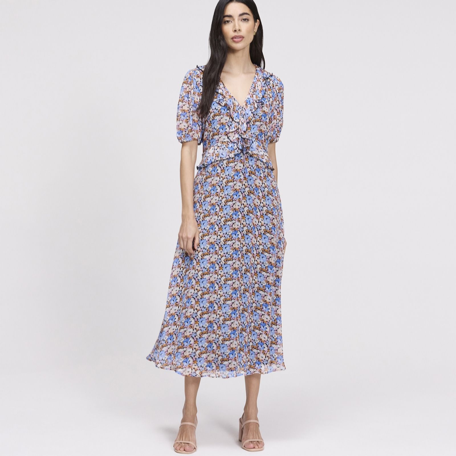 Finery London Pomona Blue Floral Chiffon Bow Puff Sleeve Midi Dress