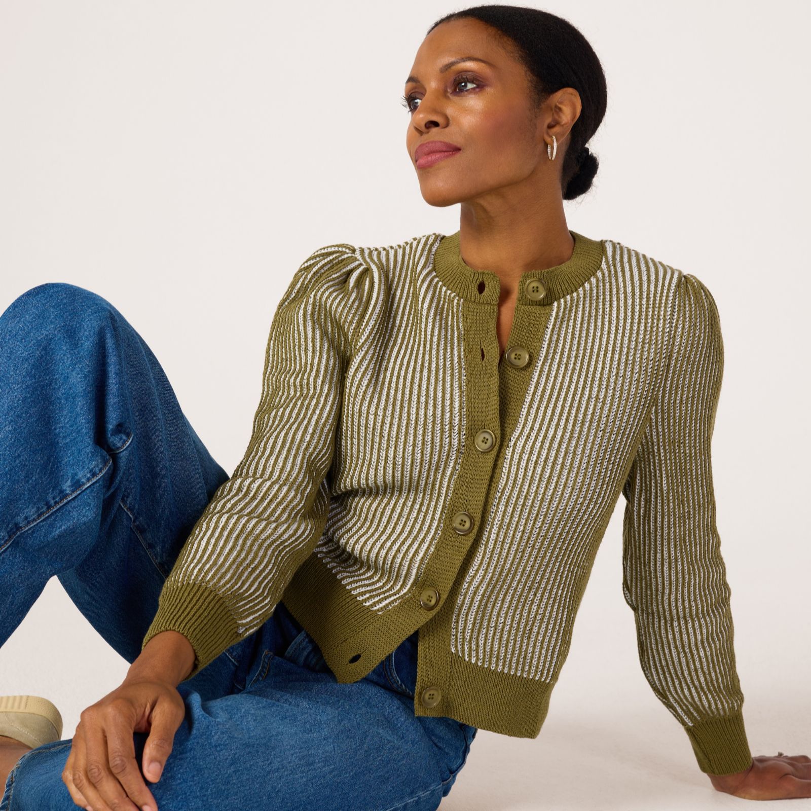 Helene Berman Vertical Stripe Two Tone Knitted Cradigan