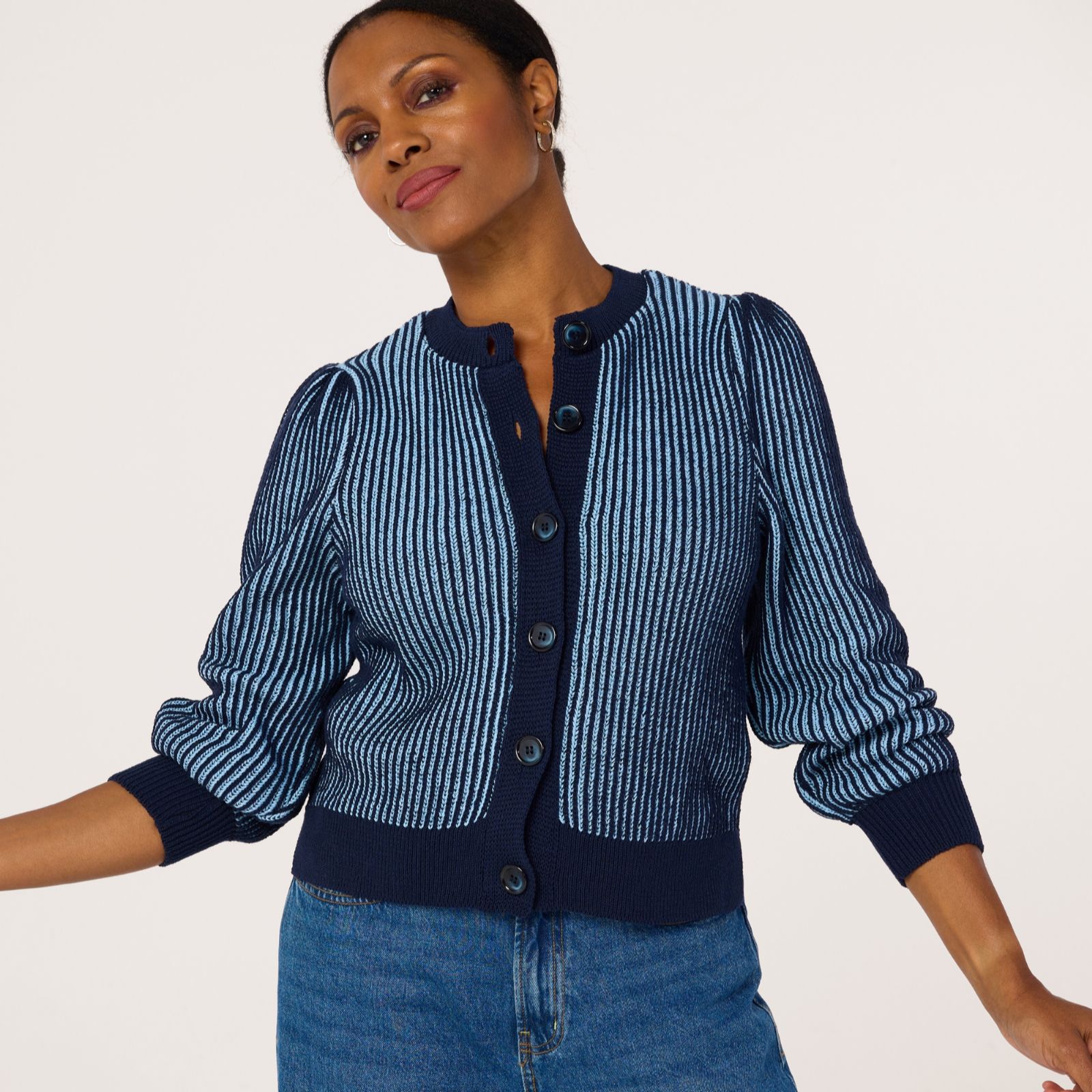 Helene Berman Vertical Stripe Two Tone Knitted Cradigan
