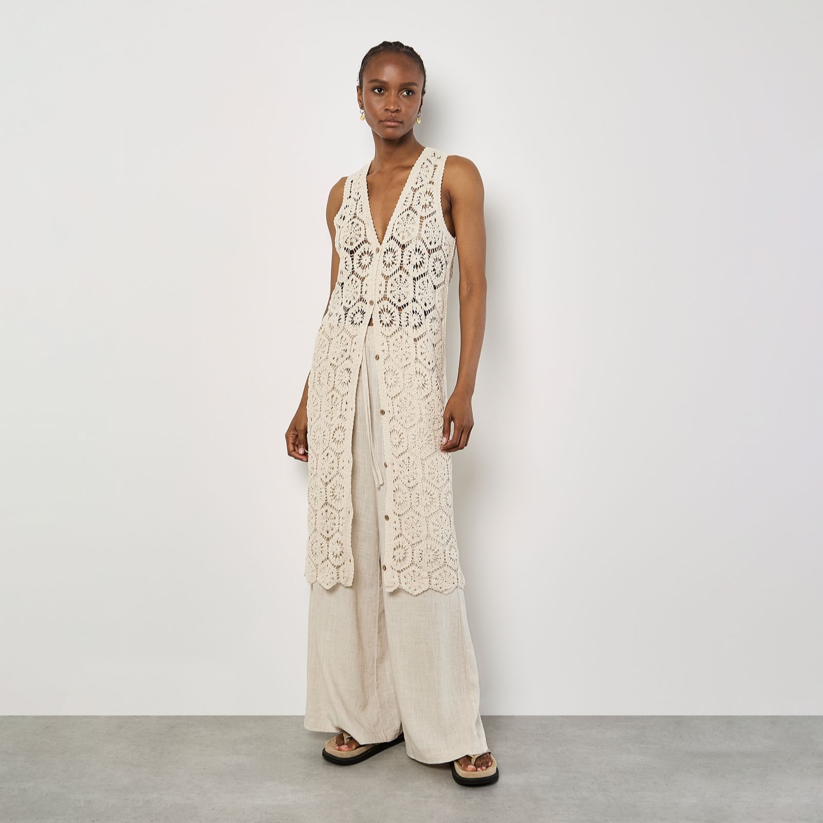 Apricot Crochet Circles Longline Sleeveless Cover Up Cardi