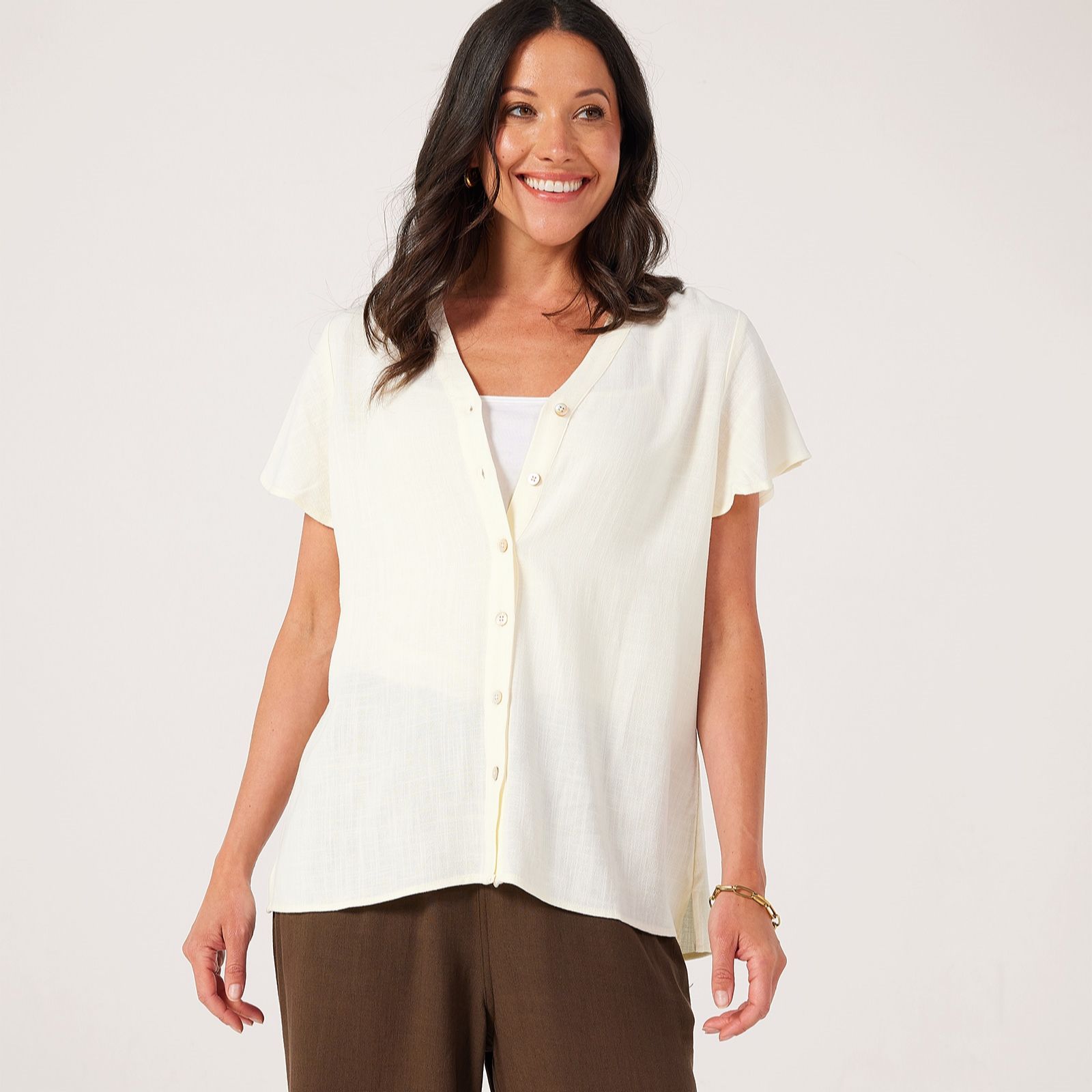Denim & Co. Linen Blend Flutter Sleeve Blouse
