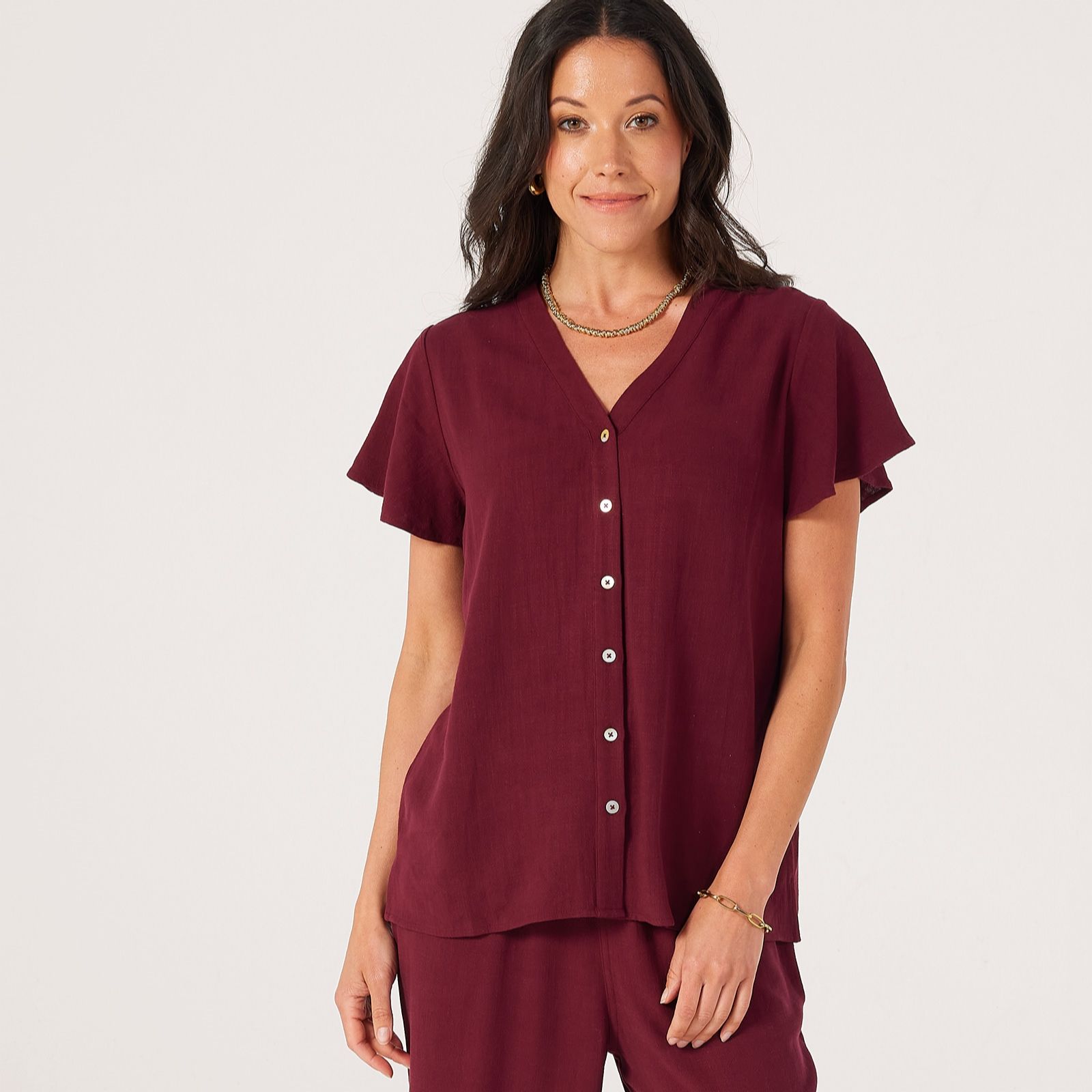 Denim & Co. Linen Blend Flutter Sleeve Blouse