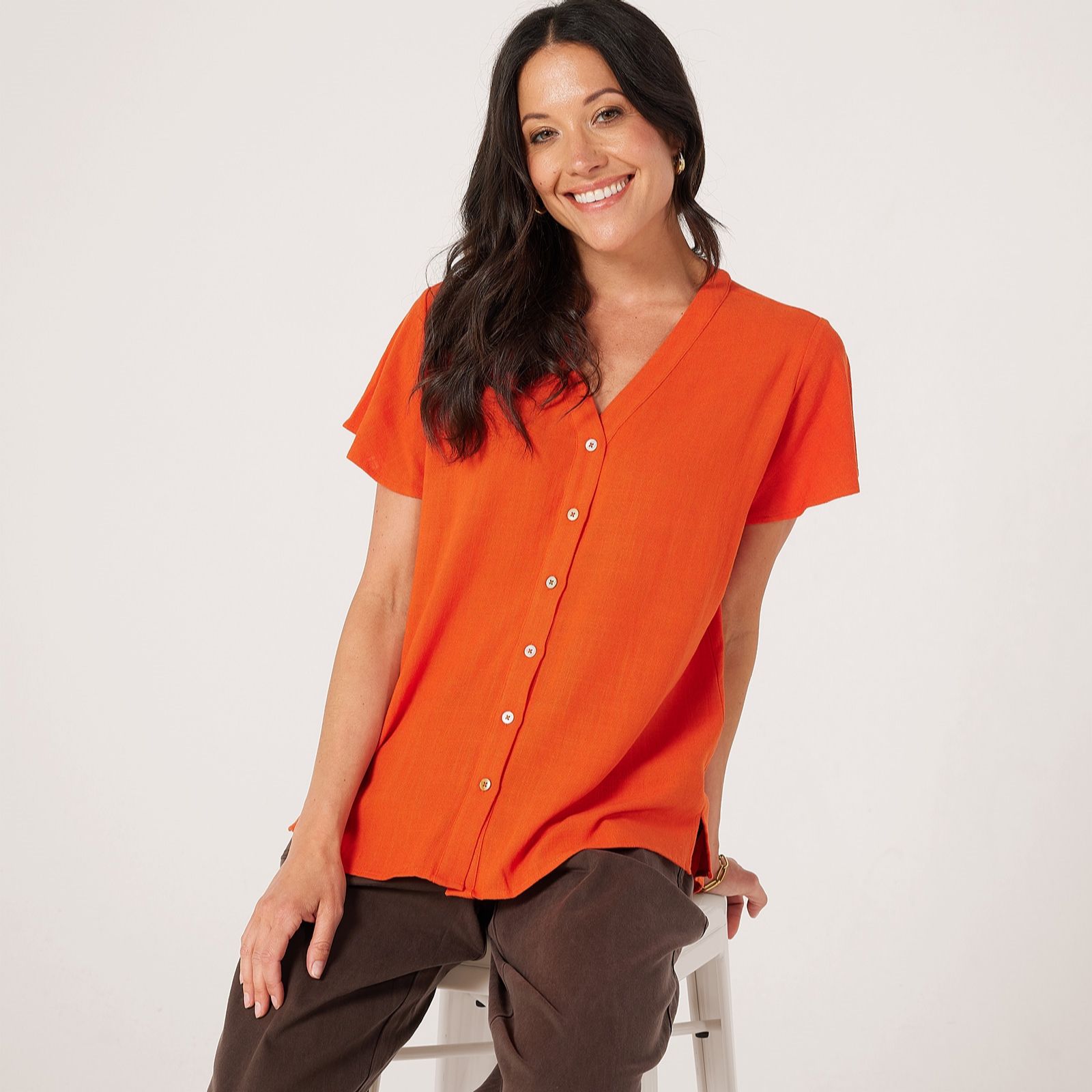 Denim & Co. Linen Blend Flutter Sleeve Blouse