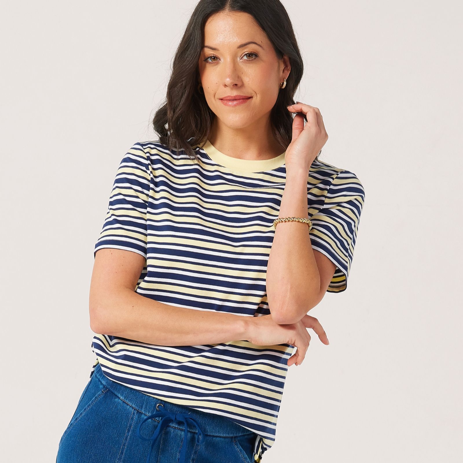Denim & Co. Essential Short Sleeve Stripe Crew Neck T-Shirt