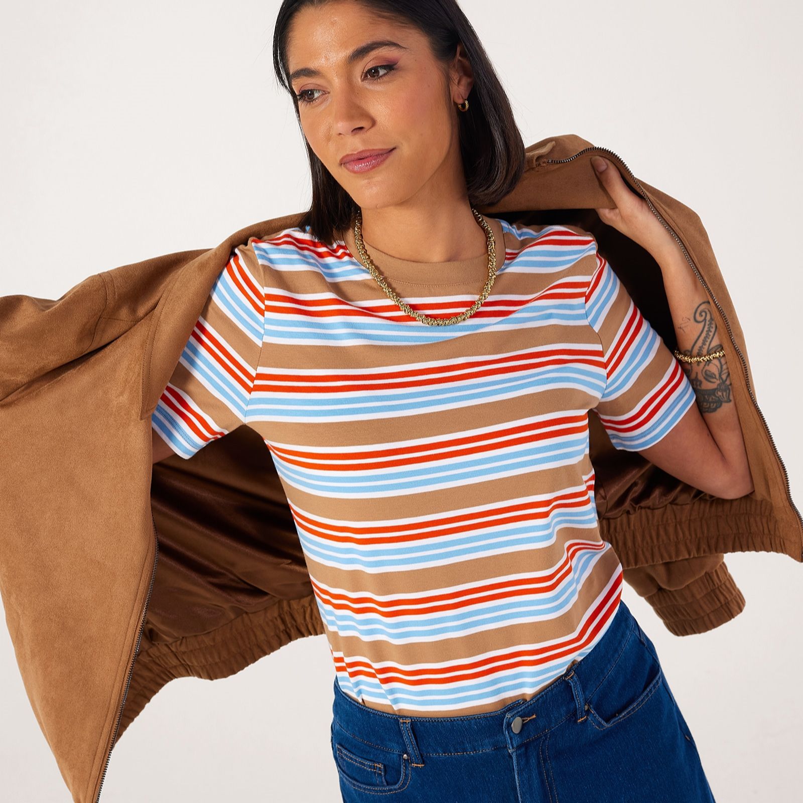 Denim & Co. Essential Short Sleeve Stripe Crew Neck T-Shirt