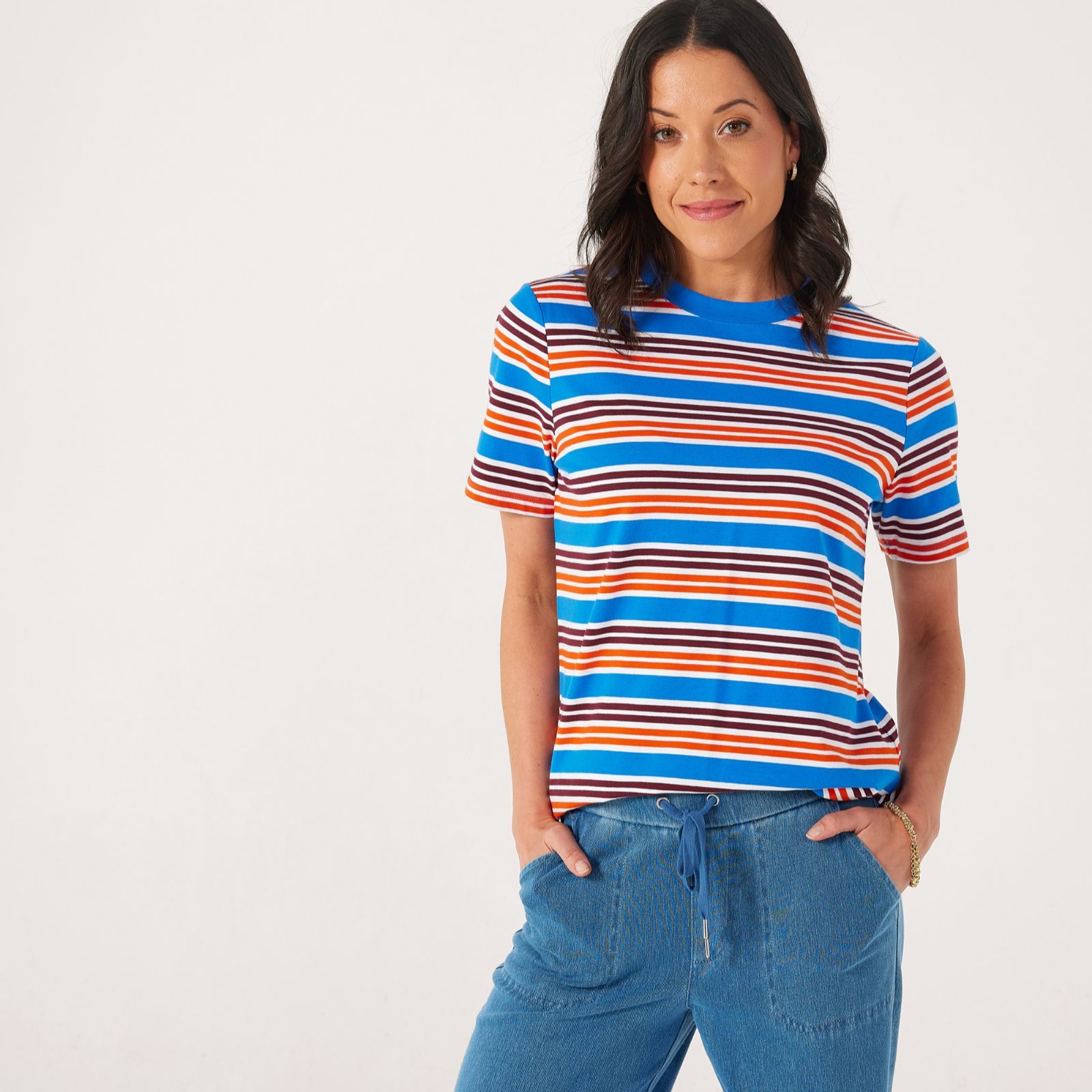 Denim & Co. Essential Short Sleeve Stripe Crew Neck T-Shirt