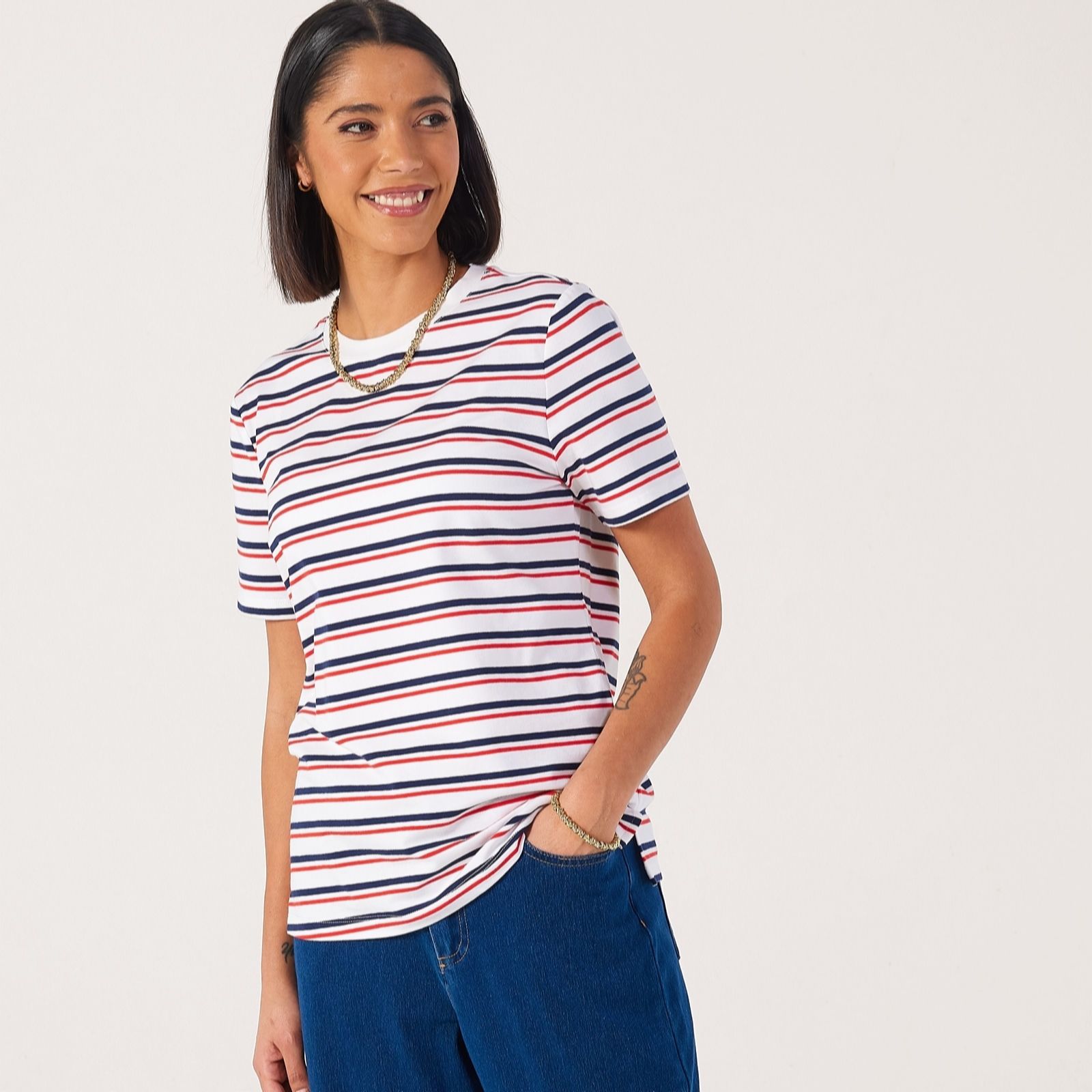 Denim & Co. Essential Short Sleeve Stripe Crew Neck T-Shirt