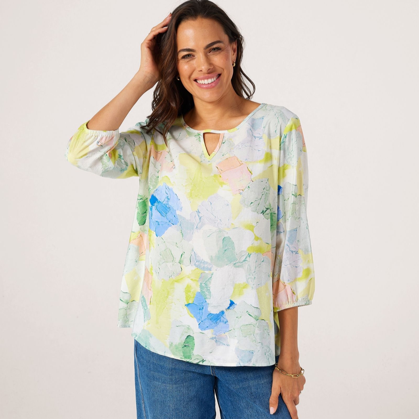 Kim & Co Printed Crinkle Woven Viscose 3/4 Sleeve Keyhole Relaxed Tunic