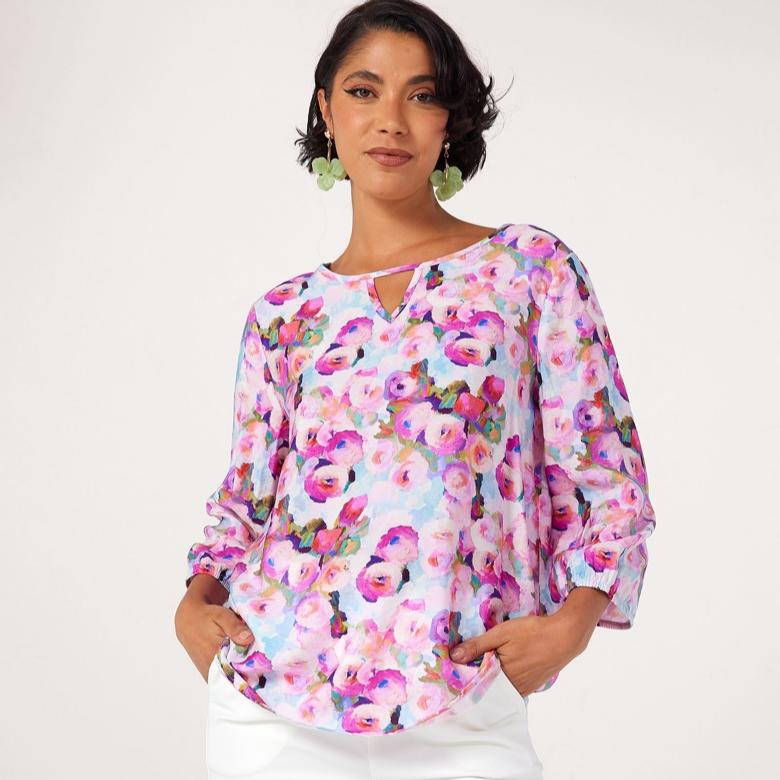 Kim & Co Printed Crinkle Woven Viscose 3/4 Sleeve Keyhole Relaxed Tunic