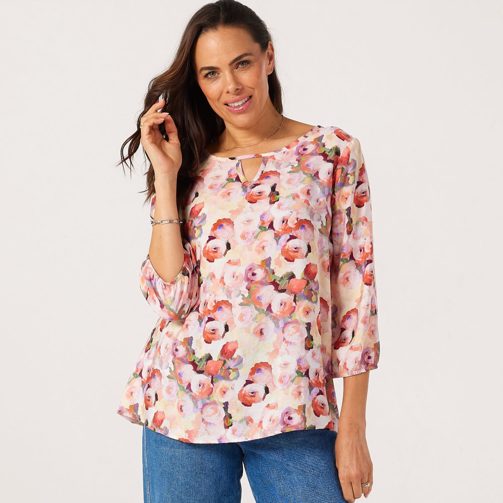 Kim & Co Printed Crinkle Woven Viscose 3/4 Sleeve Keyhole Relaxed Tunic