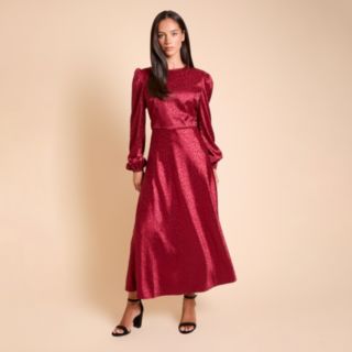 Dorothy Perkins Satin Jacquard Empire Long Sleeve Midi Dress Standard