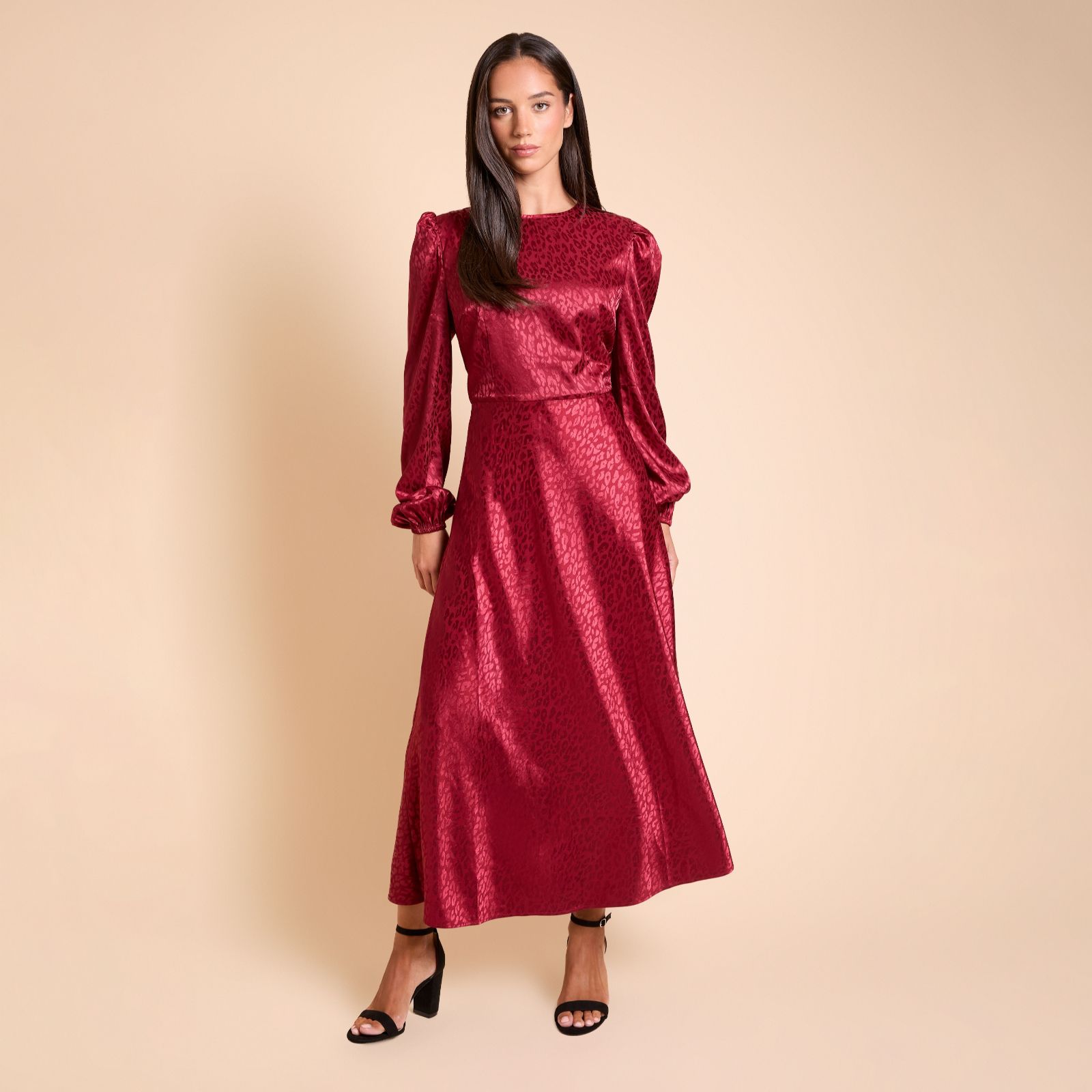 Dorothy Perkins Satin Jacquard Empire Long Sleeve Midi Dress Standard
