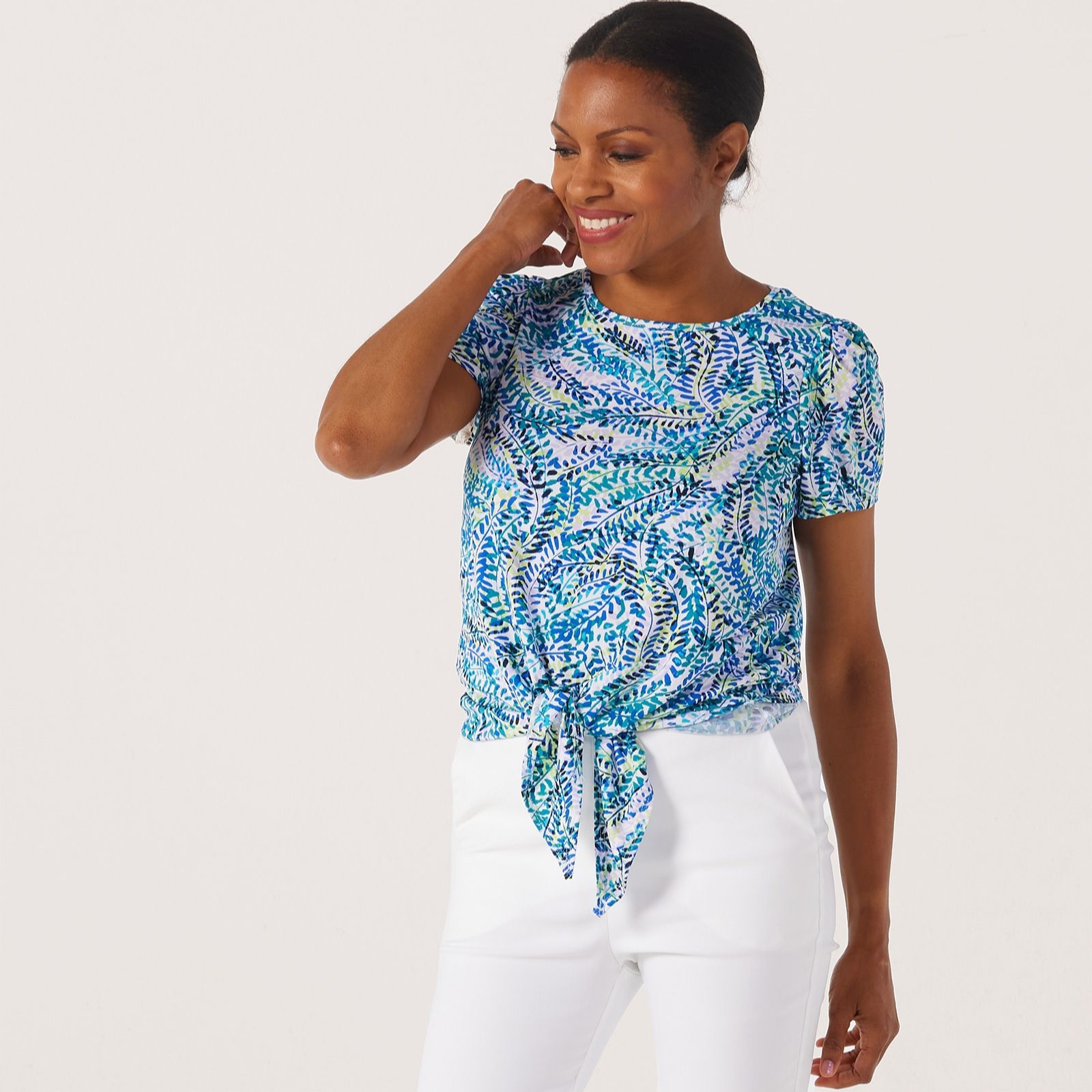 Kim & Co Brazil Jersey Short Sleeve Top With Front Tie