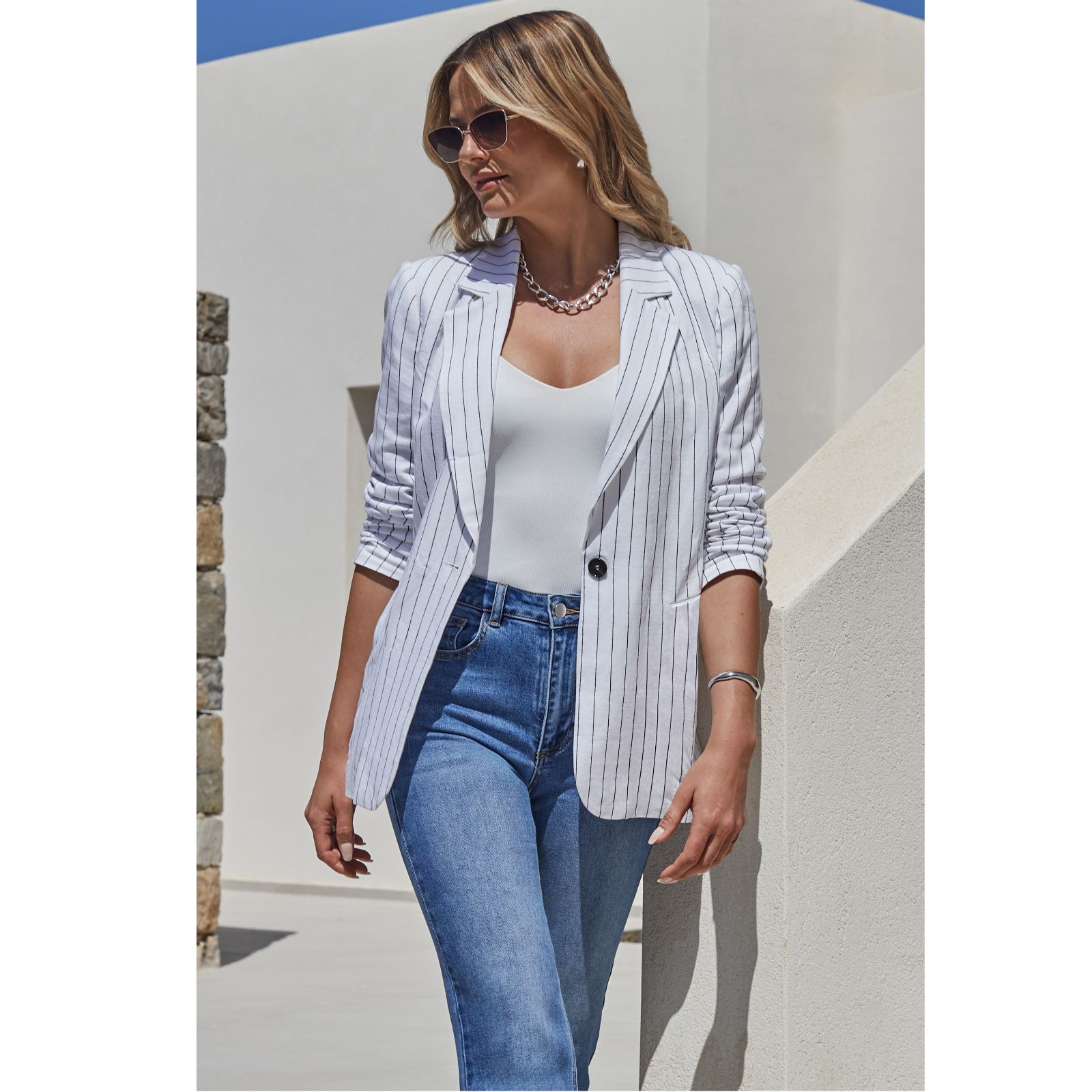 Sosandar Linen Stripe Blazer