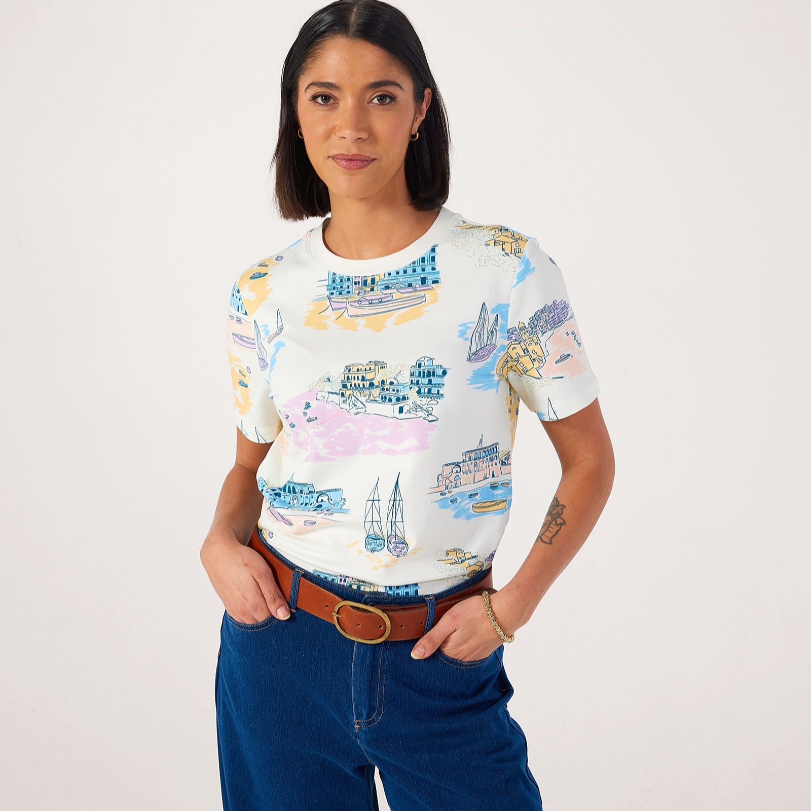 Denim & Co. Essential Short Sleeve Printed Crew Neck T-Shirt
