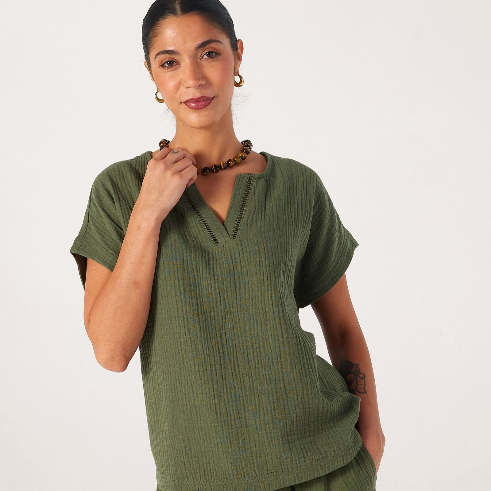 Denim & Co Pure Cotton Textured Dolman Top with Trim