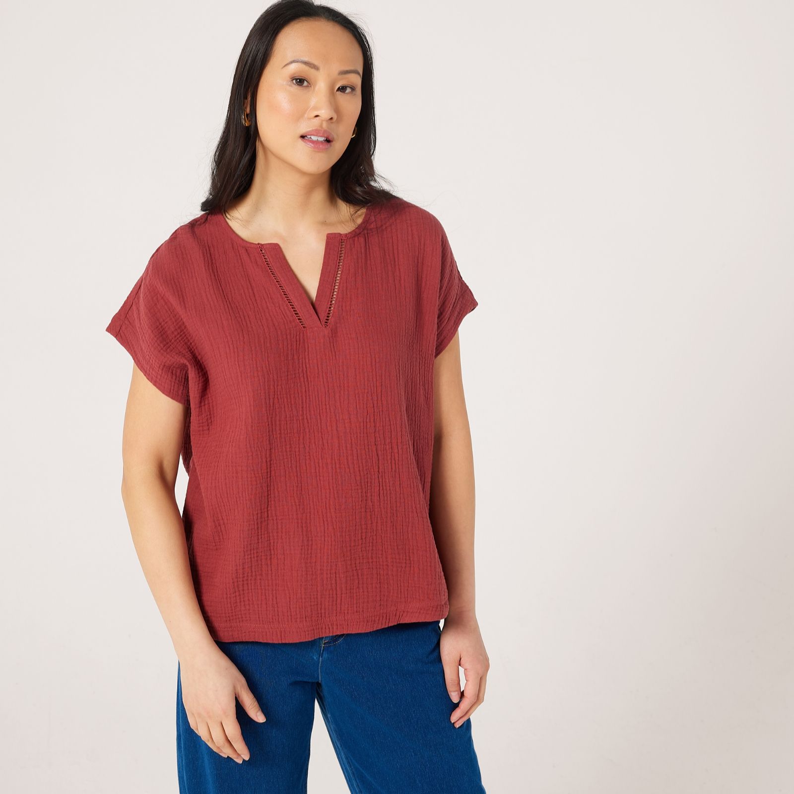 Denim & Co Pure Cotton Textured Dolman Top with Trim