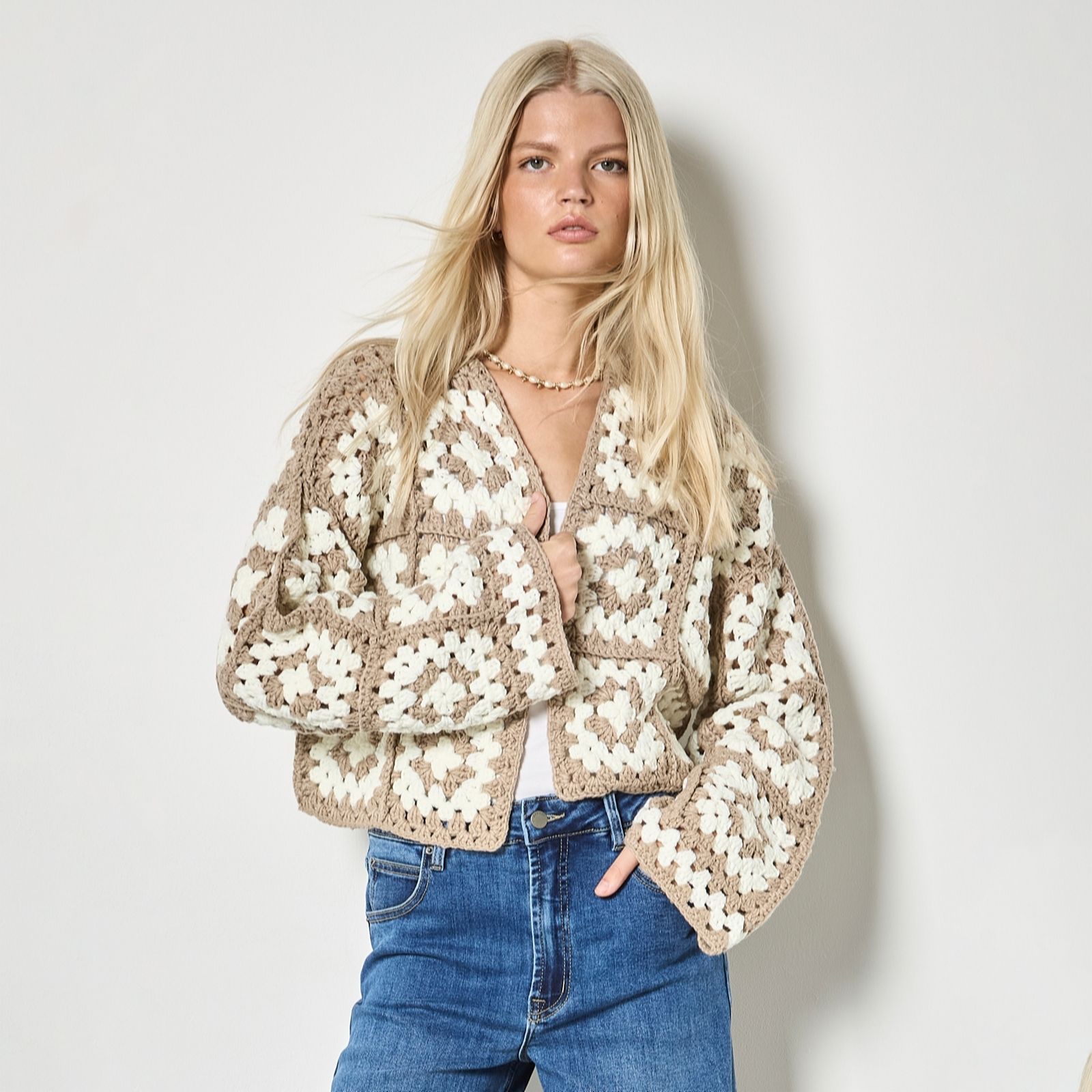 Apricot Crochet Squares Hand Knit Cardigan