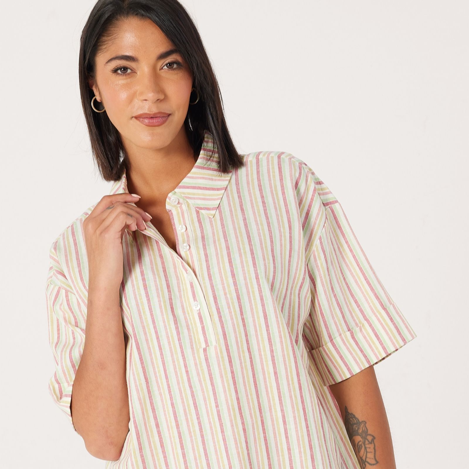 Ben De Lisi Wide Sleeve Stripe Linen Blend Shirt
