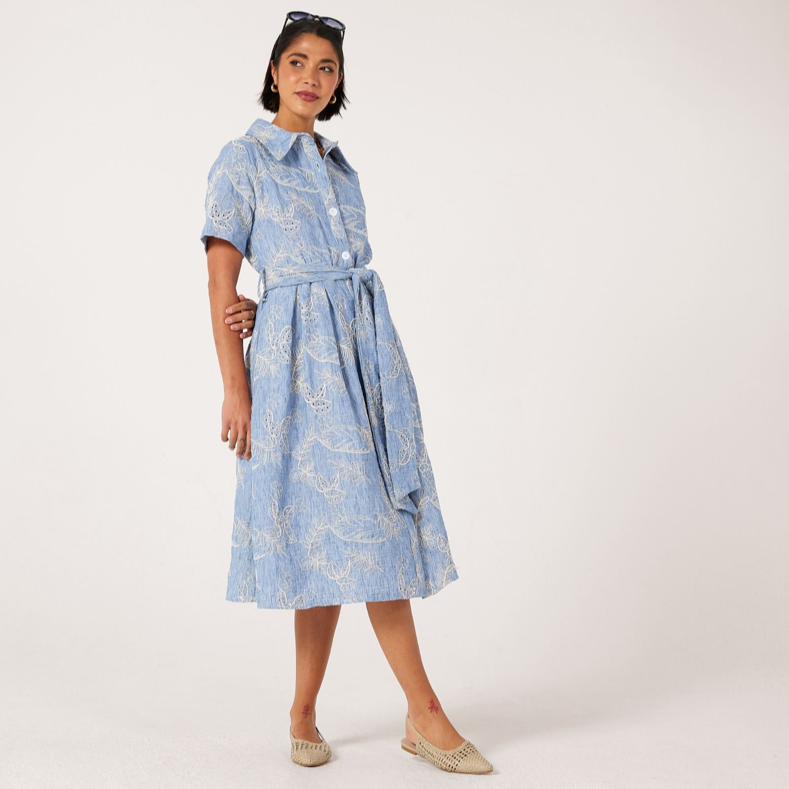 Helene Berman Emboidered Detail Short Sleeve Cotton Blend Denim Dress