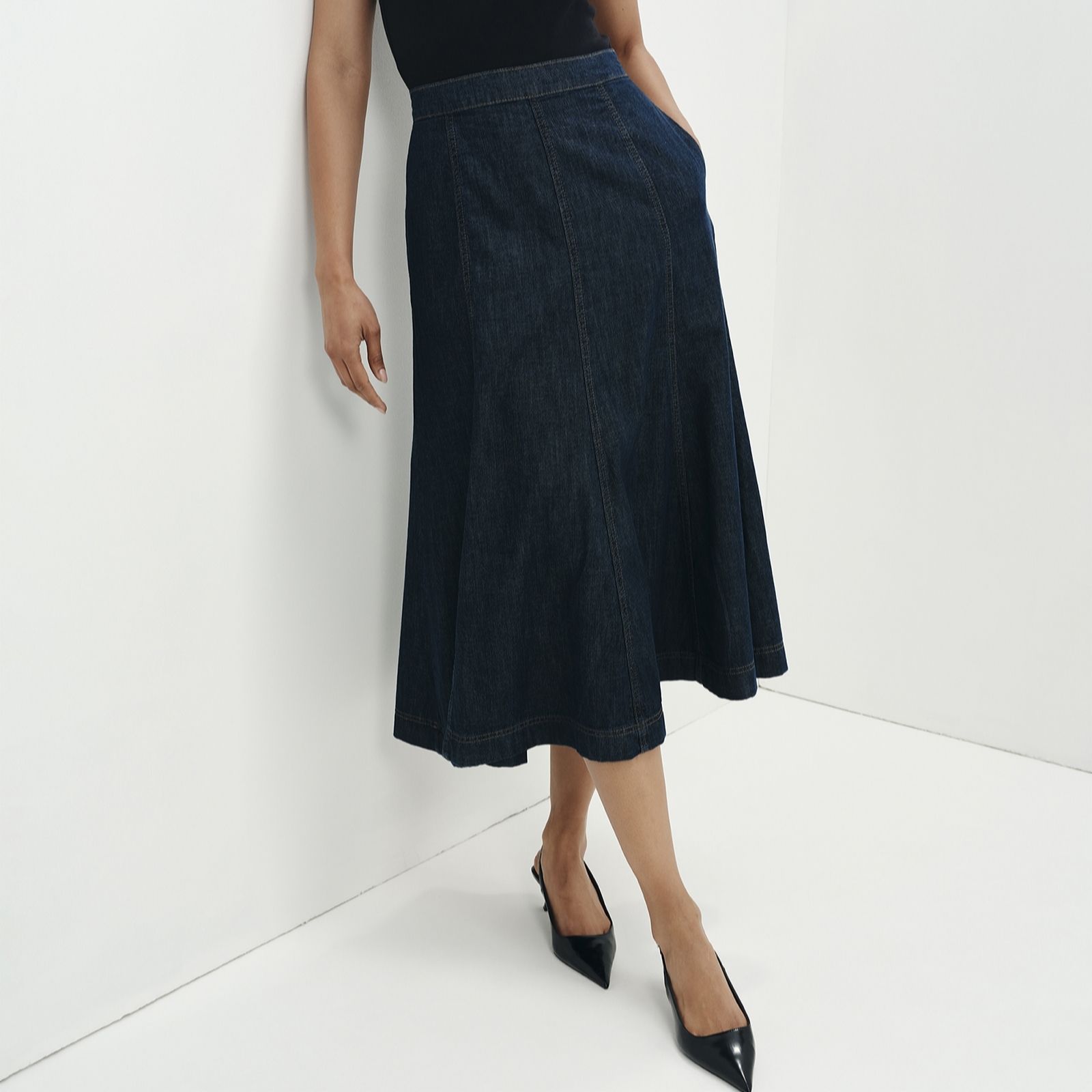 Finery London Dana Panelled Denim Flare A-Line Midi Skirt