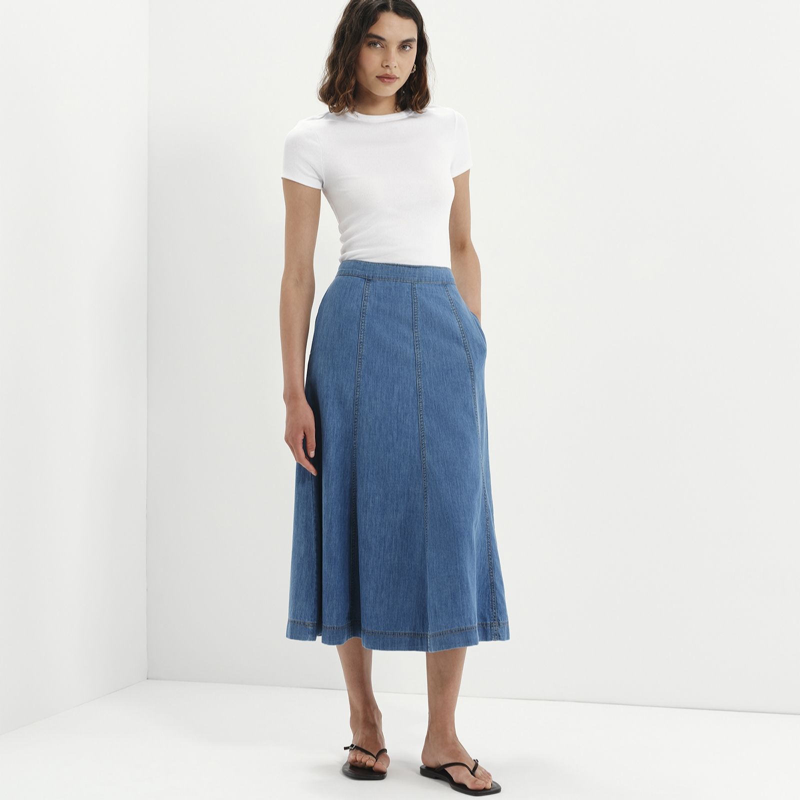 Finery London Dana Panelled Denim Flare A-Line Midi Skirt
