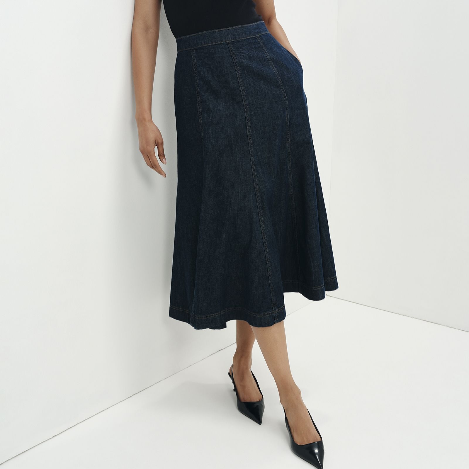 Finery London Dana Panelled Denim Flare A-Line Midi Skirt