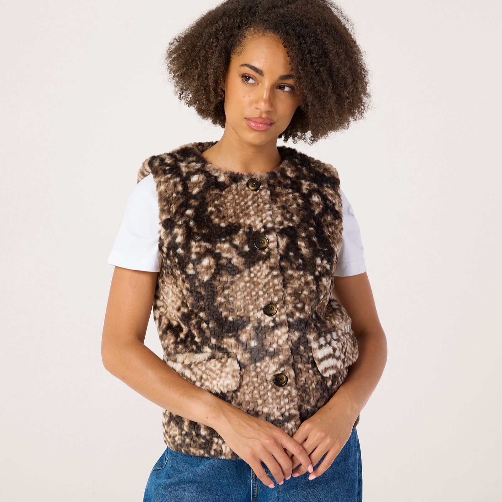 Helene Berman Faux Fur Animal Button Up Gilet