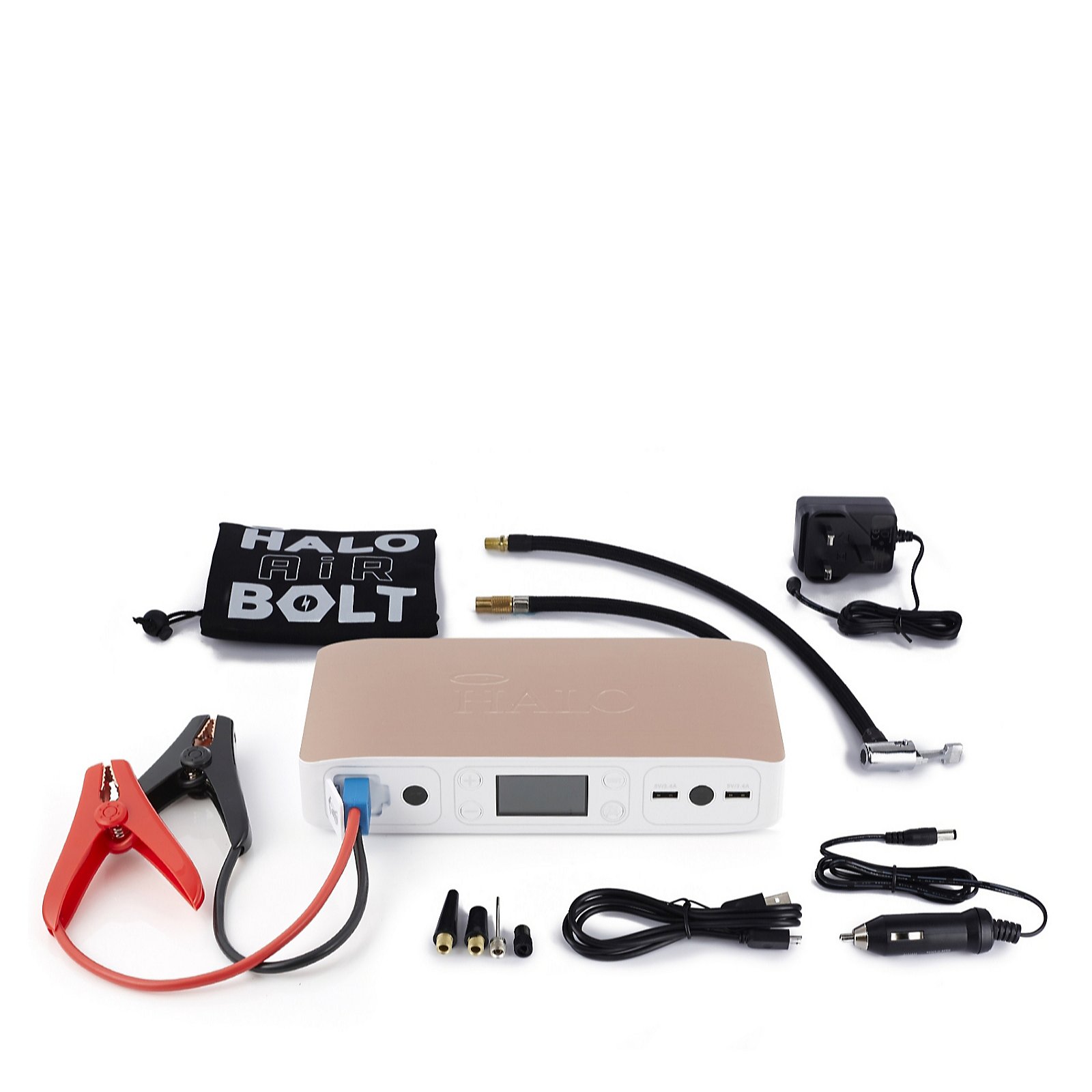 4 Interchangeable Air Nozzles Rose Gold Extra Accessory Kit Car Jump Starter HALO Bolt Air 58830 Mwh Emergency Power Kit with Tire Pump and Car Charger 