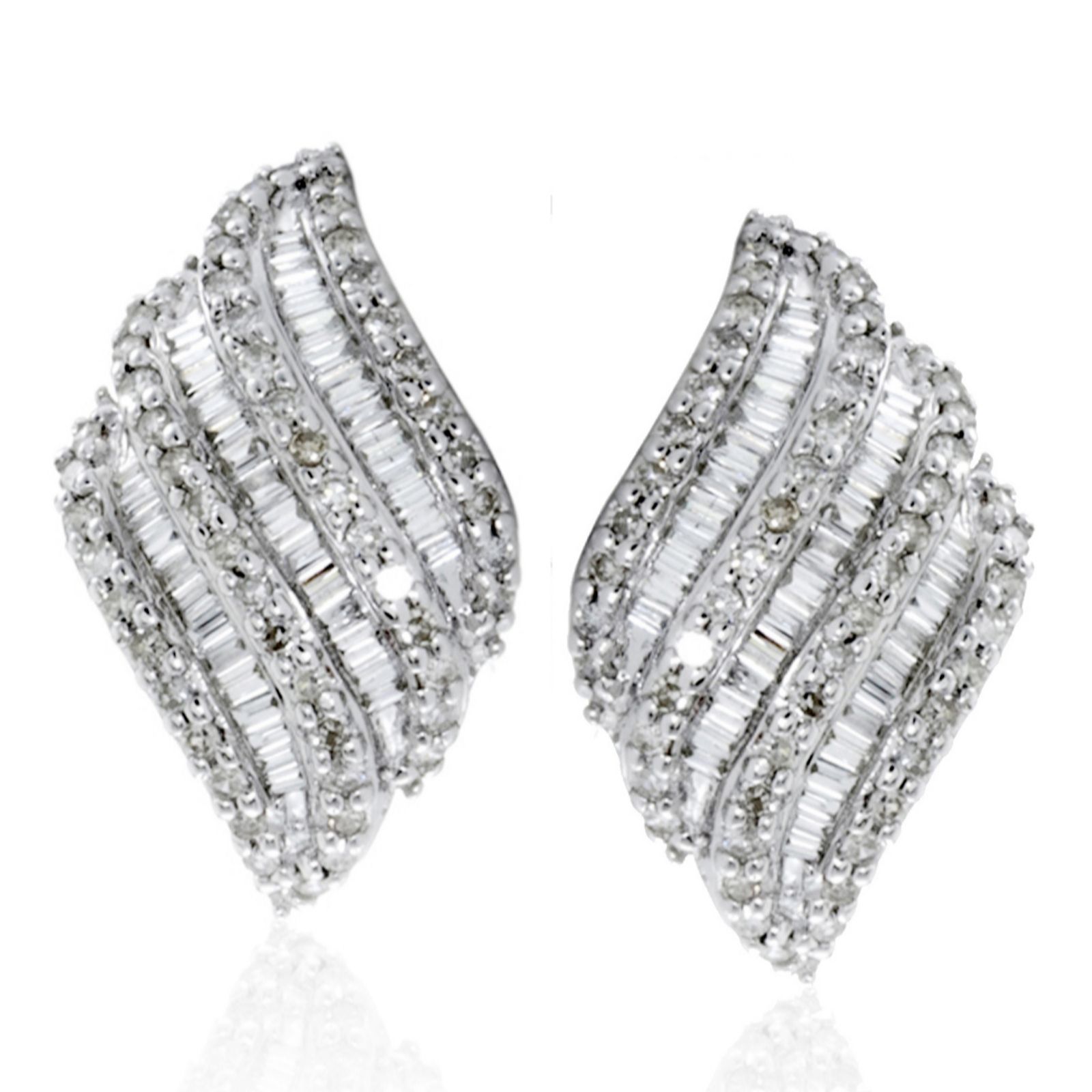 1ct Diamond Round & Baguette Cut Wave Earrings 9ct White Gold - QVC UK