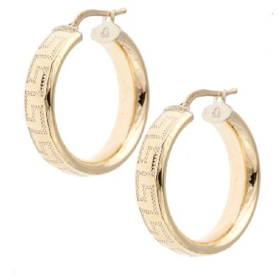 9ct Gold Classic Hoop Greek Key Design Earrings - QVC UK