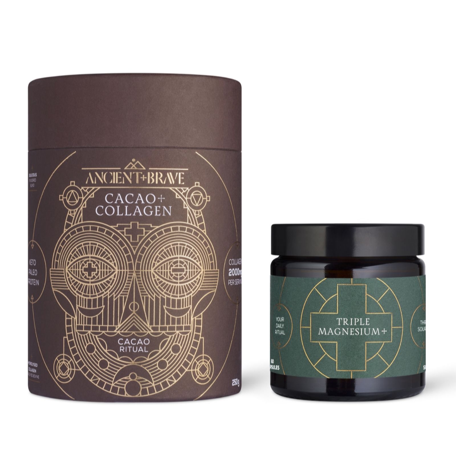 Ancient + Brave Cacao+ Collagen Tub 250g & True Magnesium 60 Capsules