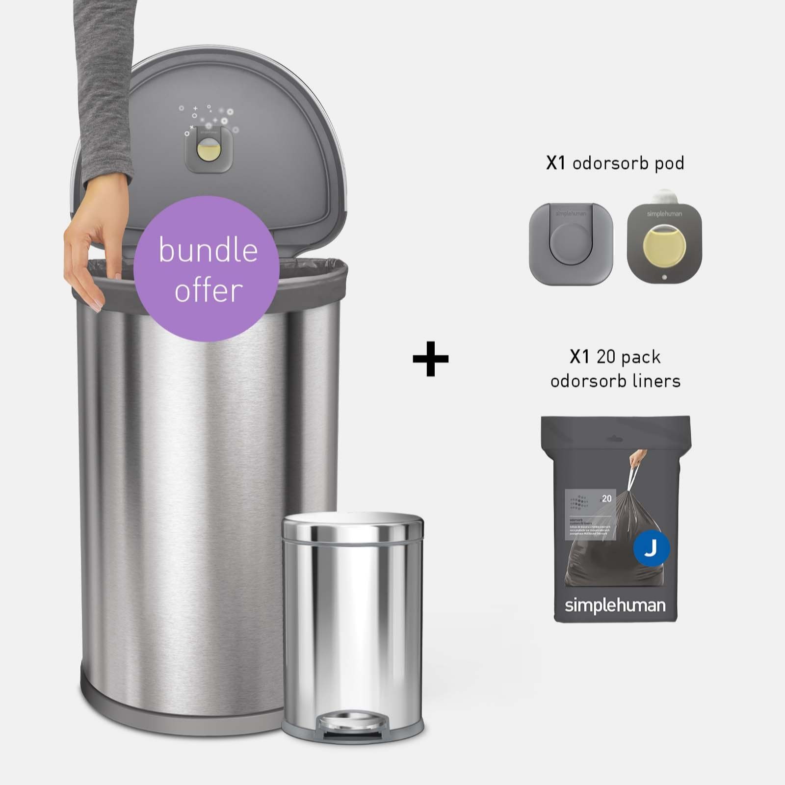 Simplehuman Stainless Steel 45L Sensor Bin & 4.5L Pedal Bin with Accessories