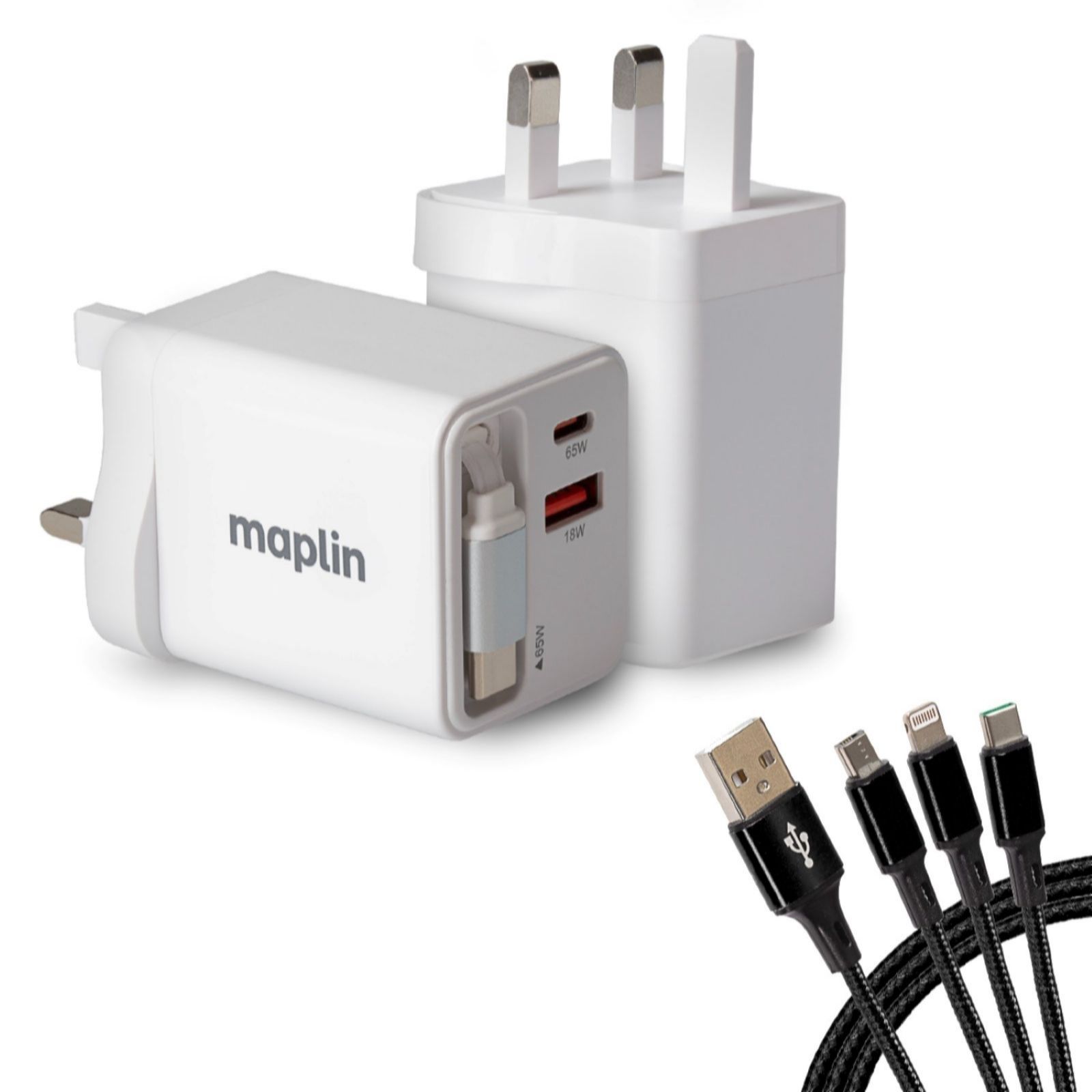 Maplin USB Wall Charger with Retractable USB-C Cable & Additional USB