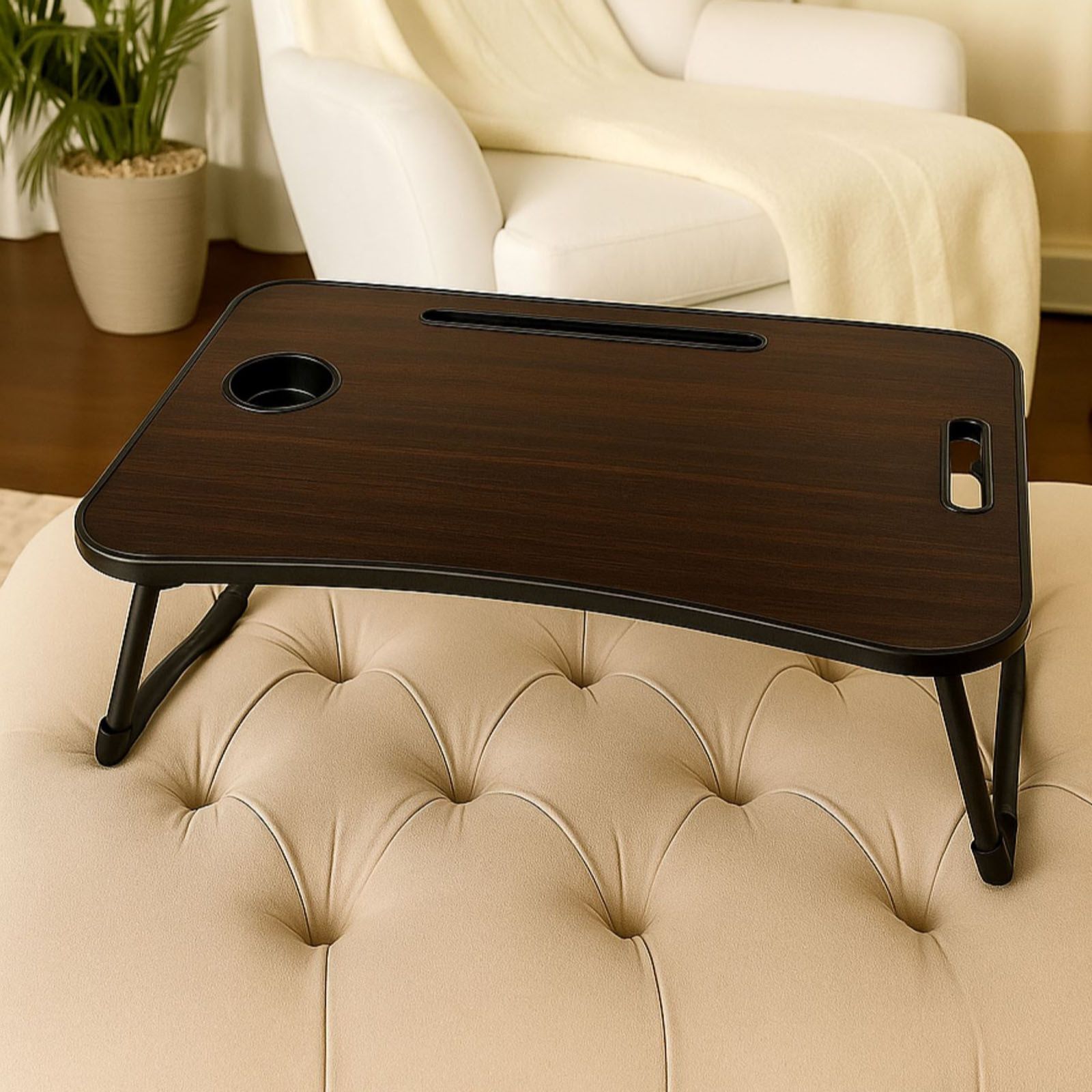 Portable Multimedia Table w/ Foldable Legs, Cup & Tablet Holders