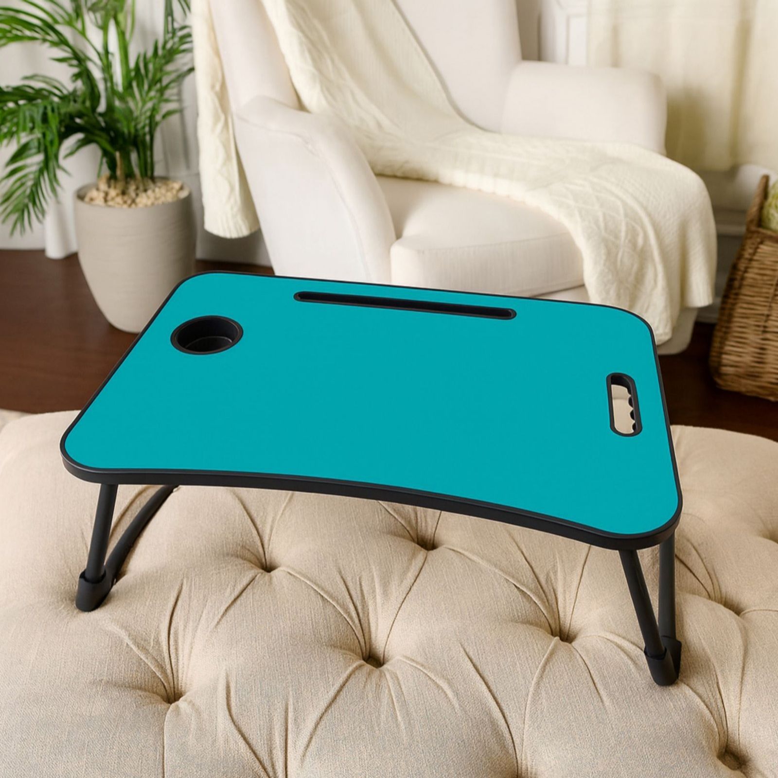 Portable Multimedia Table w/ Foldable Legs, Cup & Tablet Holders