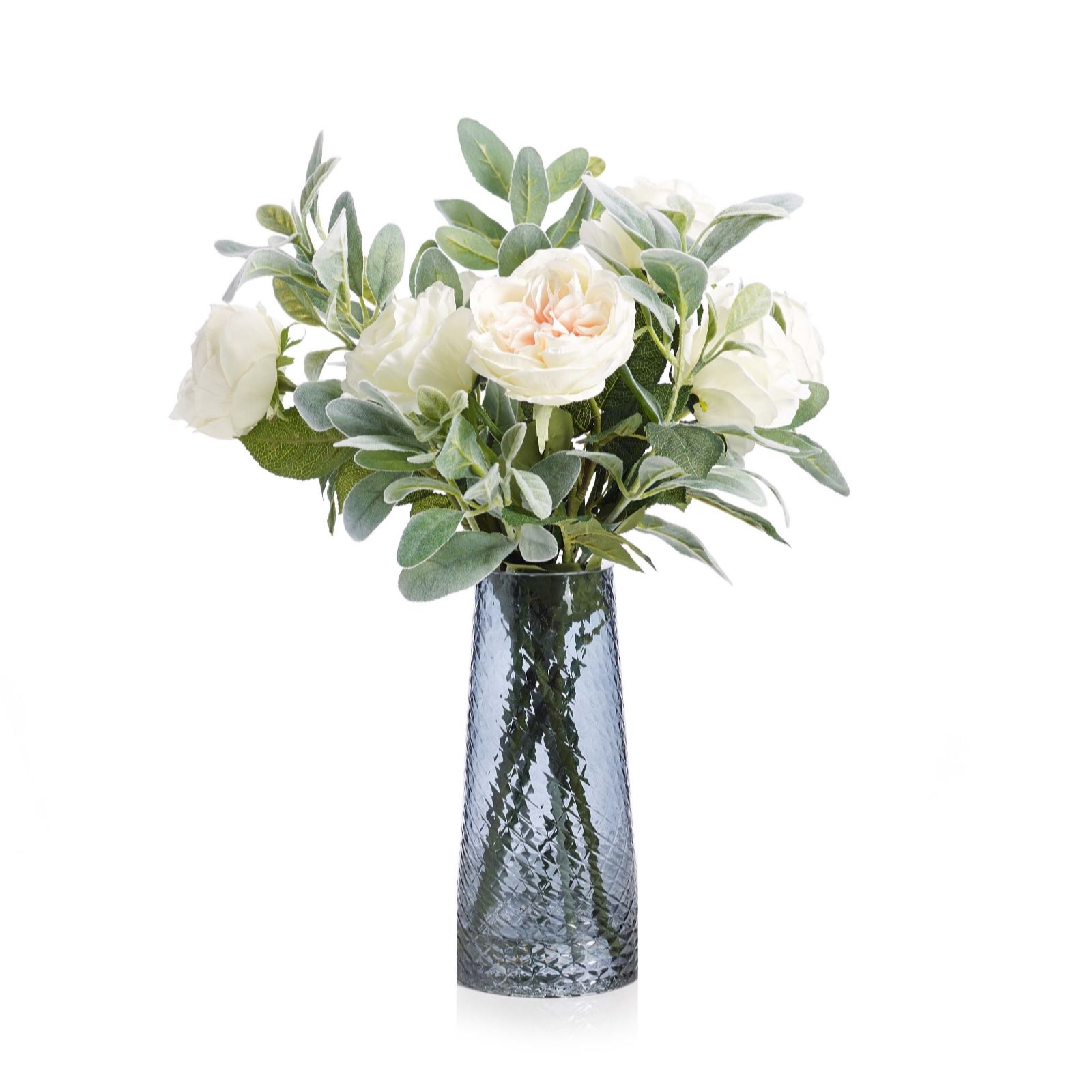 Peony Roses with Lambs Leaf & Skimmia in Textured Vase QVC UK